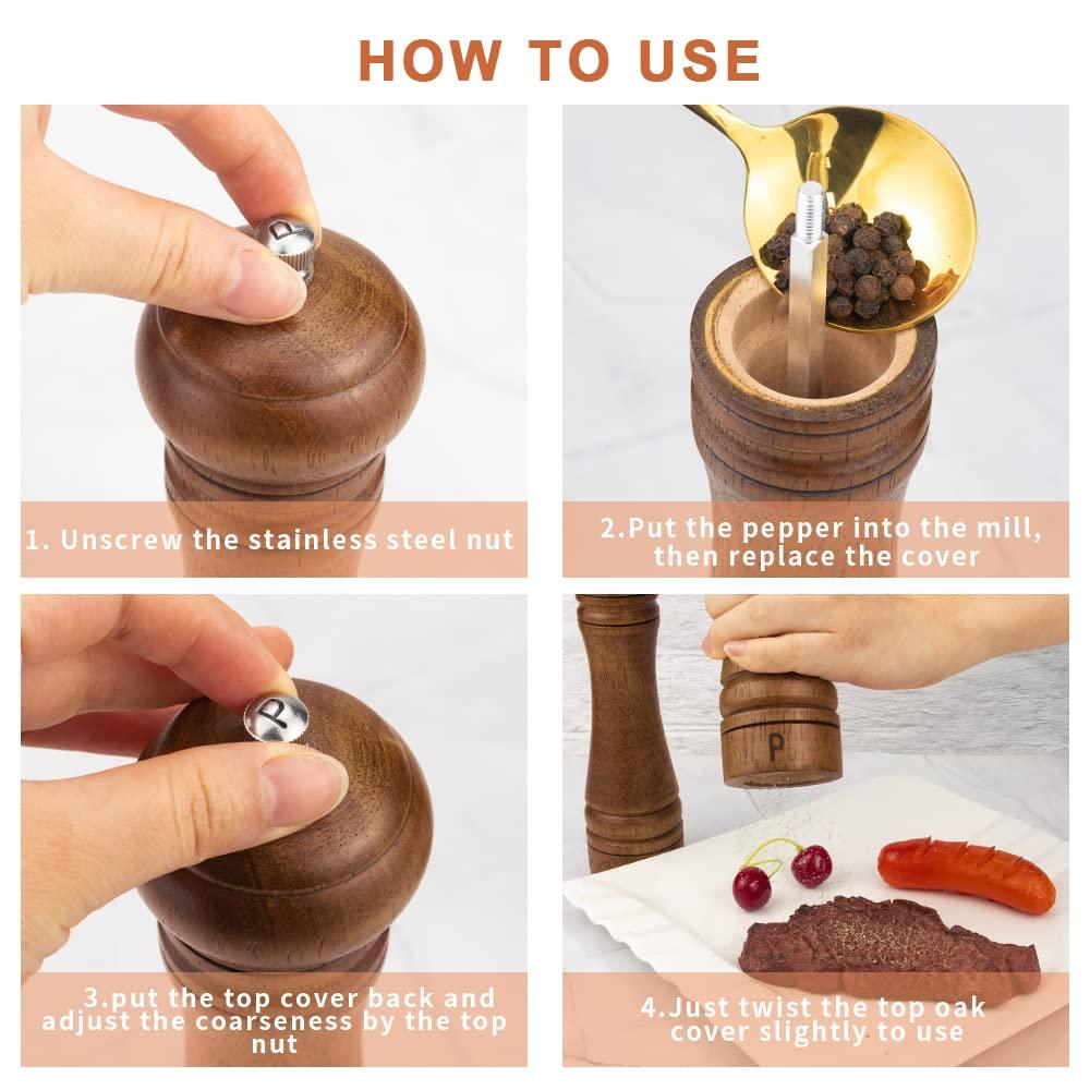 XWXO Wood Salt and Pepper Grinder Set, Salt Mill Pepper Grinder Set, Pepper Mill, Salt Shakers with Adjustable Ceramic Rotor- Oak Wood Pepper Grinder for Your Kitchen 8 inches - Pack of 2 - Image 4