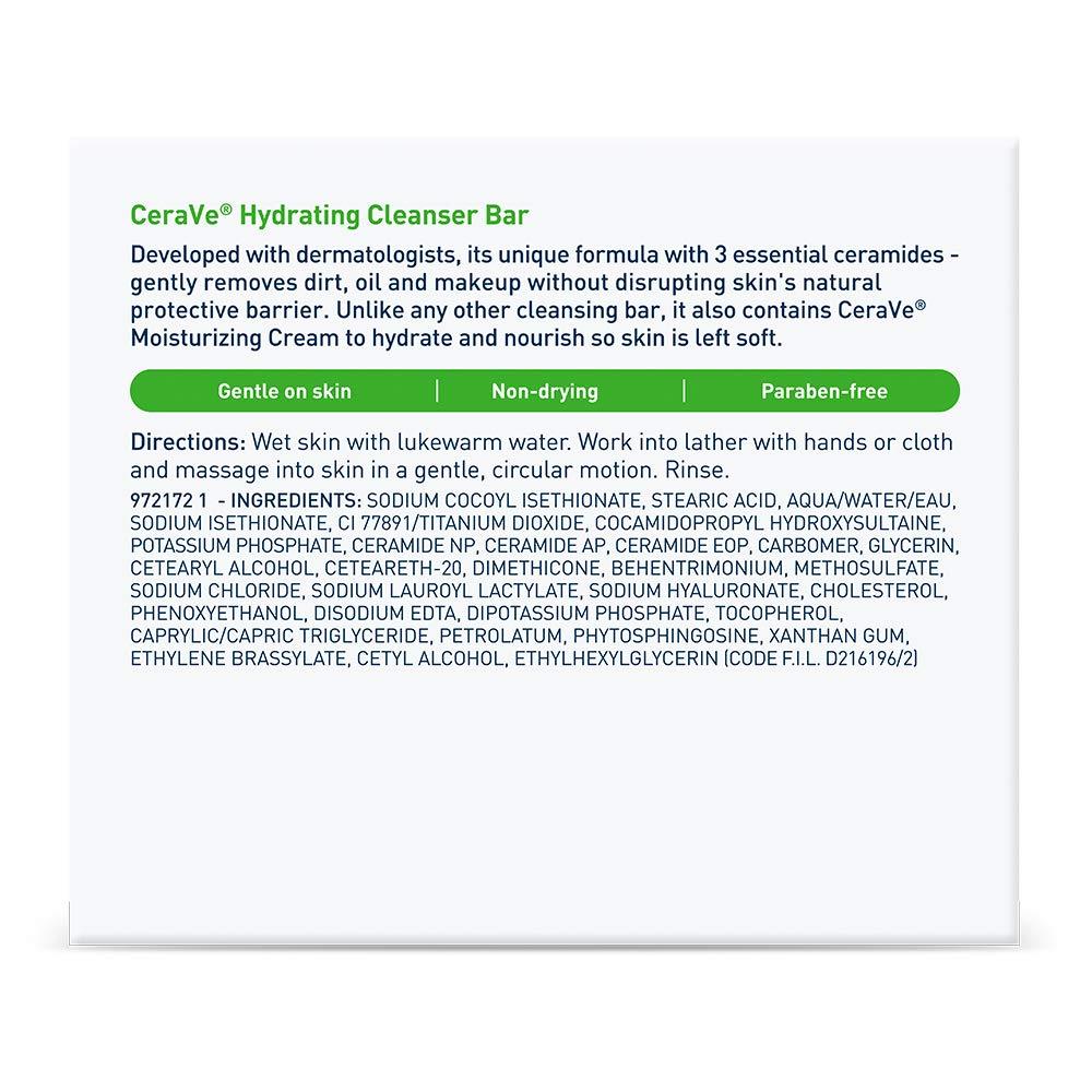 CeraVe Hydrating Cleanser Bar, Soap-Free Body and Facial Cleanser with 5% Cerave Moisturizing Cream, Fragrance-Free, 2-Pack, 4.5 Ounce Each - Image 6