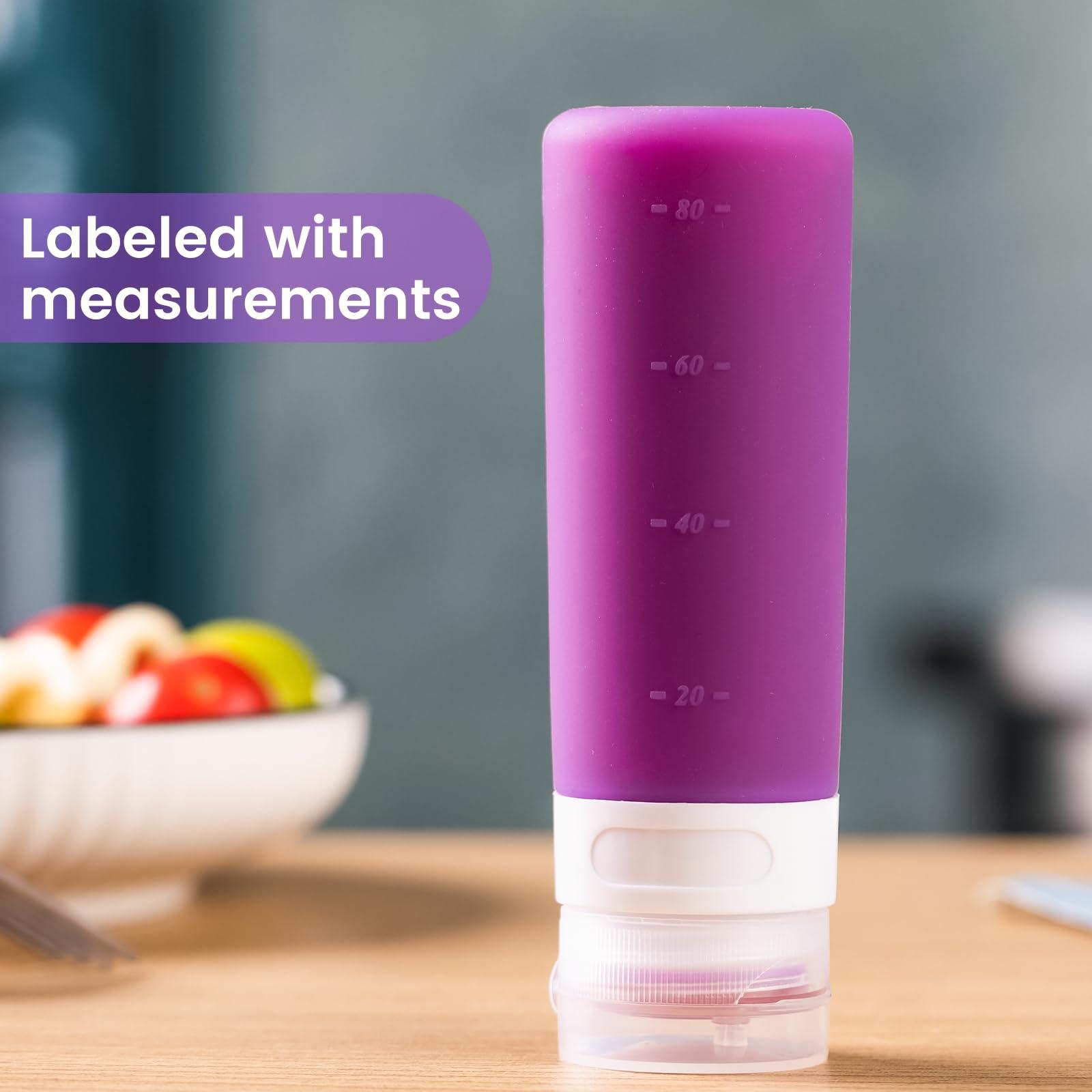 MICEBAY Condiment Squeeze Bottles for Sauces, 3-oz Mini Silicone Salad Dressing Container to Go with Snack Storage Bag, Leakproof Sauce Bottles for Lunch Box, 4 Pack, Purple - Image 2