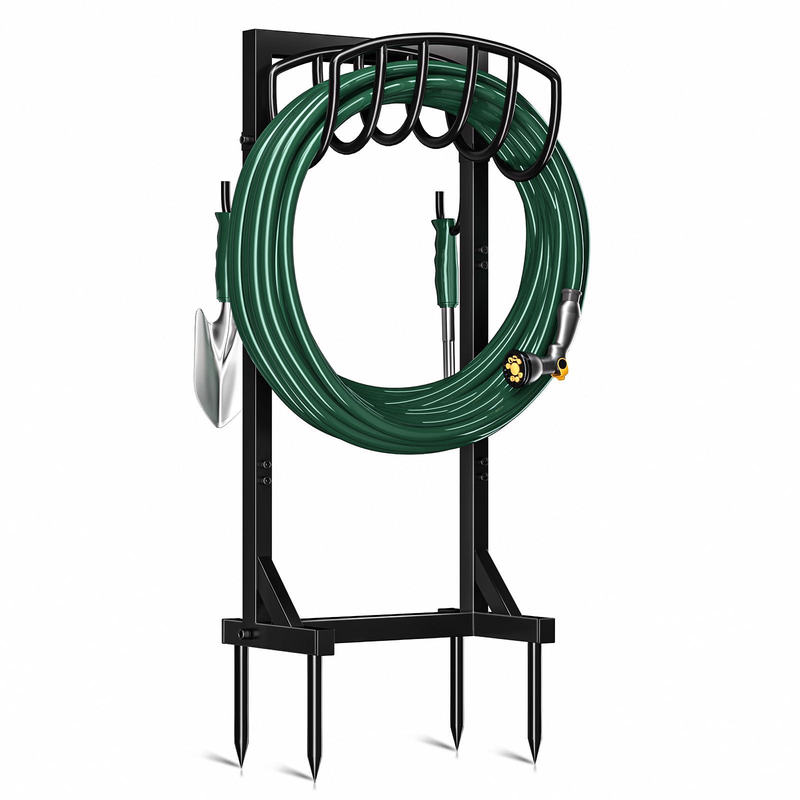 Kesfitt Garden Hose Holder Stand with 4 Spikes & 2 Tool Hooks, Detachable Heavy Duty Metal Freestanding Hose Reel Outdoor Organizer for Lawn Yard Water Storage Rack
