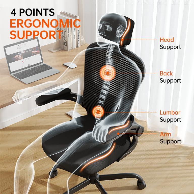 Office Chair Ergonomic Desk Chair, 330LBS Capacity, High Back Computer Chair for Long Hours Comfortable, Rolling Swivel Executive Task Chair for Home Office with Flip-up Armrests, Black - Image 5