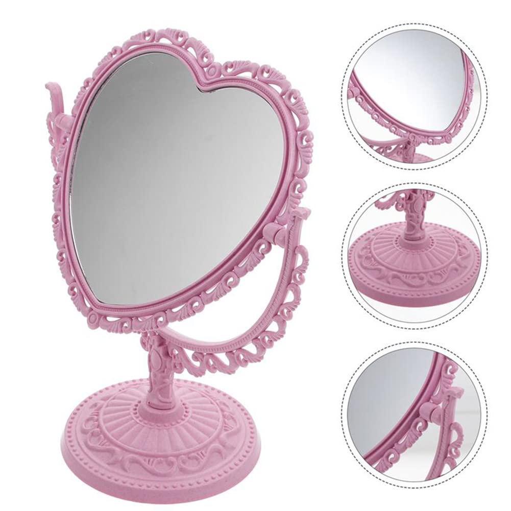 AKOAK 1 Pack Simple and Lovely Heart-Shaped Cosmetic Mirror Plastic Double-Sided Rotatable Dresser Mirror Lightweight Portable Bathroom Bedroom Mirror （Four-Color）(Pink) - Image 5