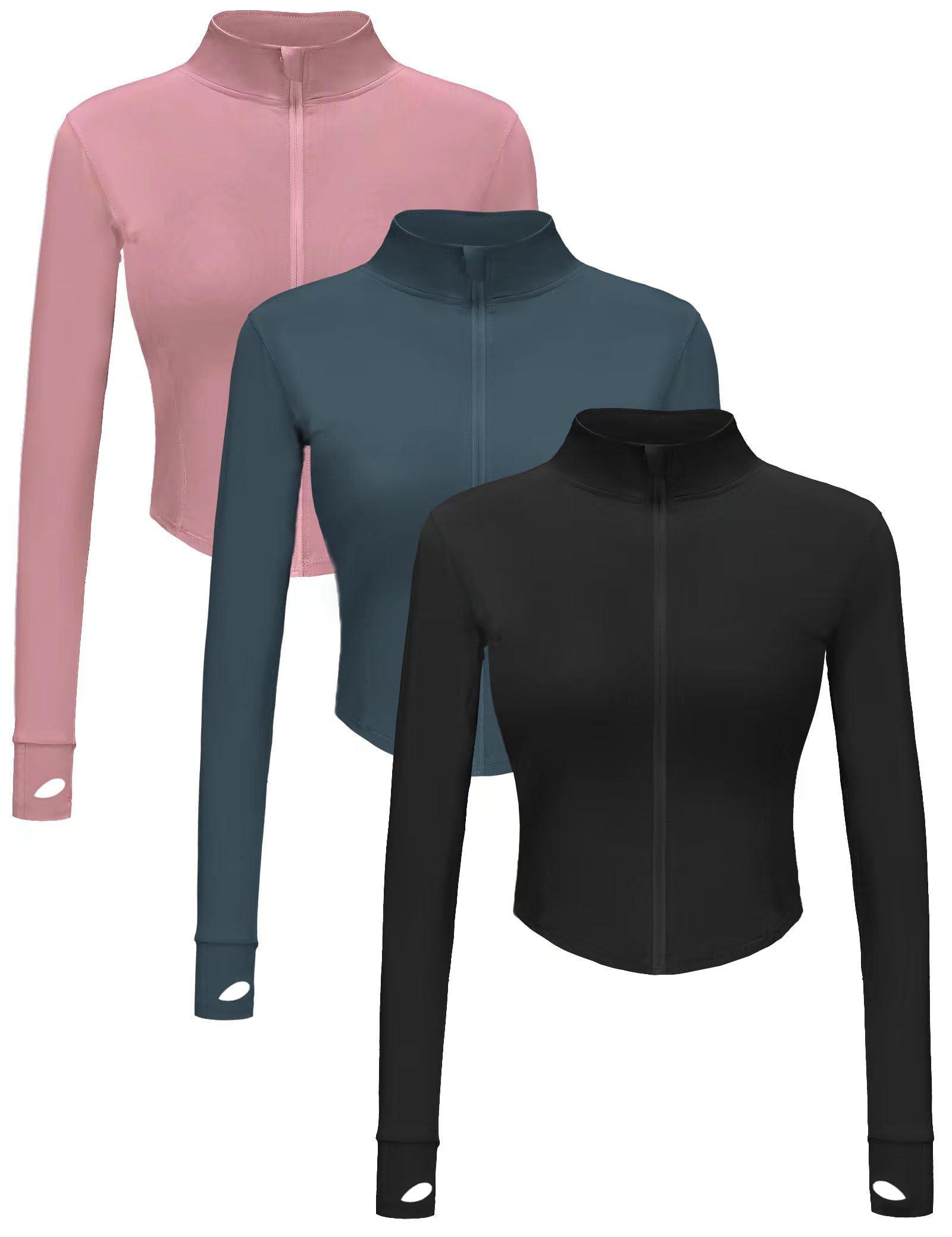 Dalavch 3 Pack Womens Cropped Full Zip up Workout Jacket Slim Fit Running Athletic Gym Yoga Sports Jacket with Thumb Holes