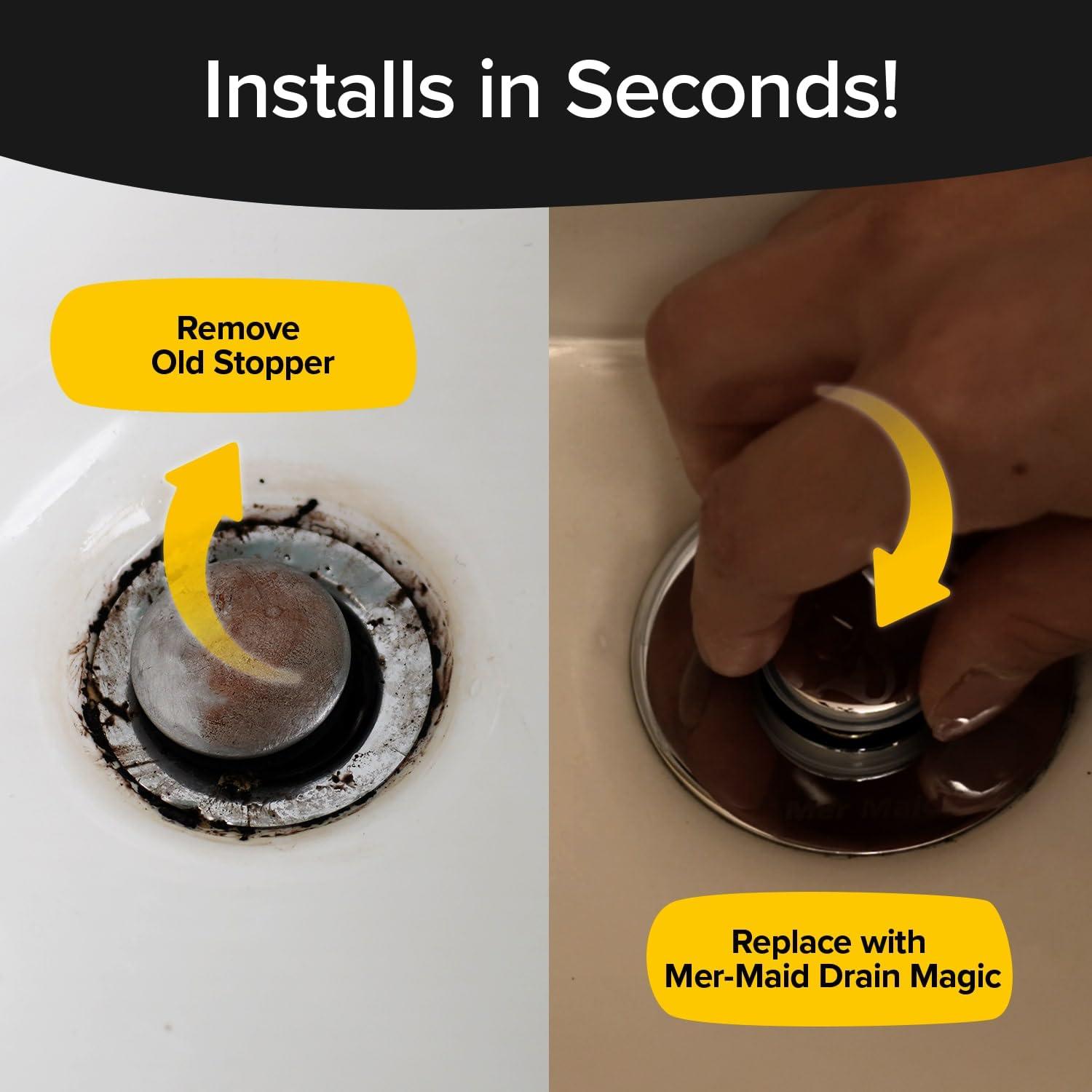 Mer-Maid Drain Magic AS-SEEN-ON-TV Replace Broken or Missing Bathroom Drain Stoppers in Seconds, No Tools, Push To Fill, Hair Catcher Prevents Clogs, Watertight Silicone Seal,Chrome Plated Solid Brass - Image 4