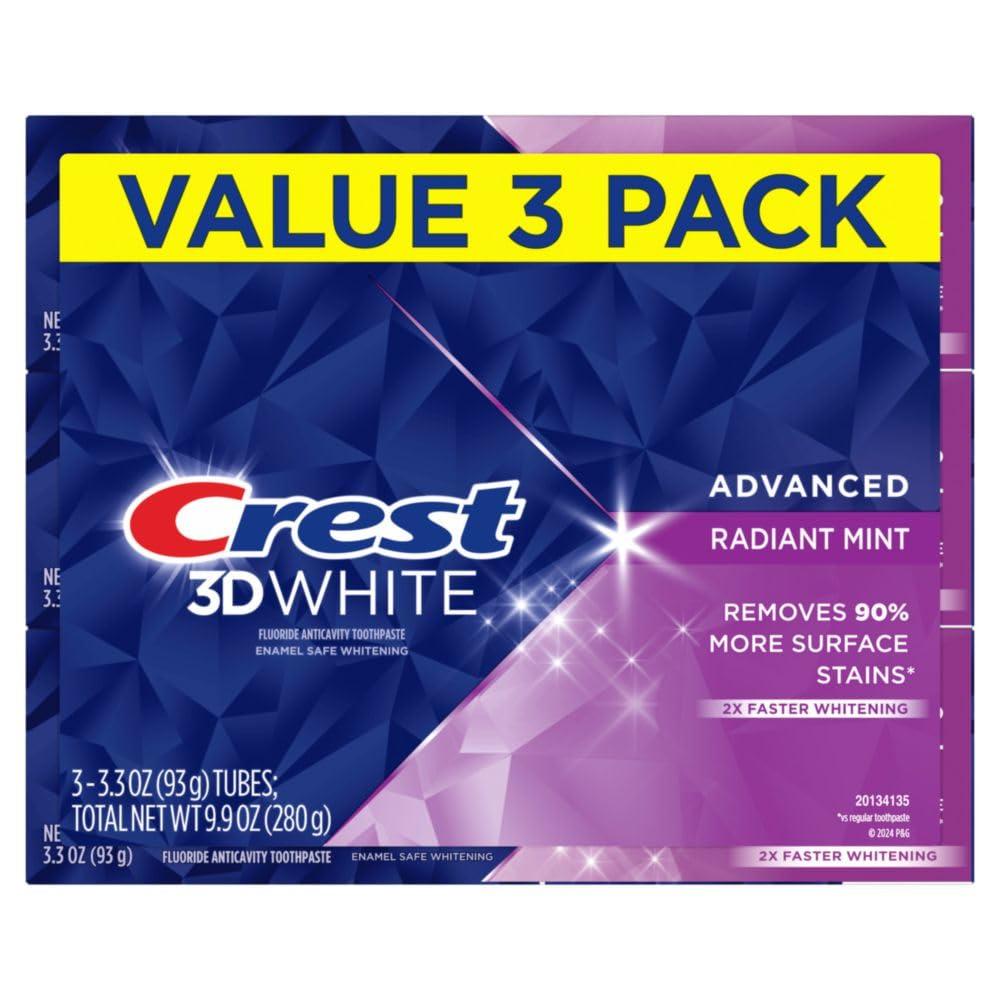 Crest 3D White Advanced Teeth Whitening Toothpaste, Crest 3D White Brilliance Toothpaste, Radiant Mint, 3.3 oz, Pack of 3 - Image 7