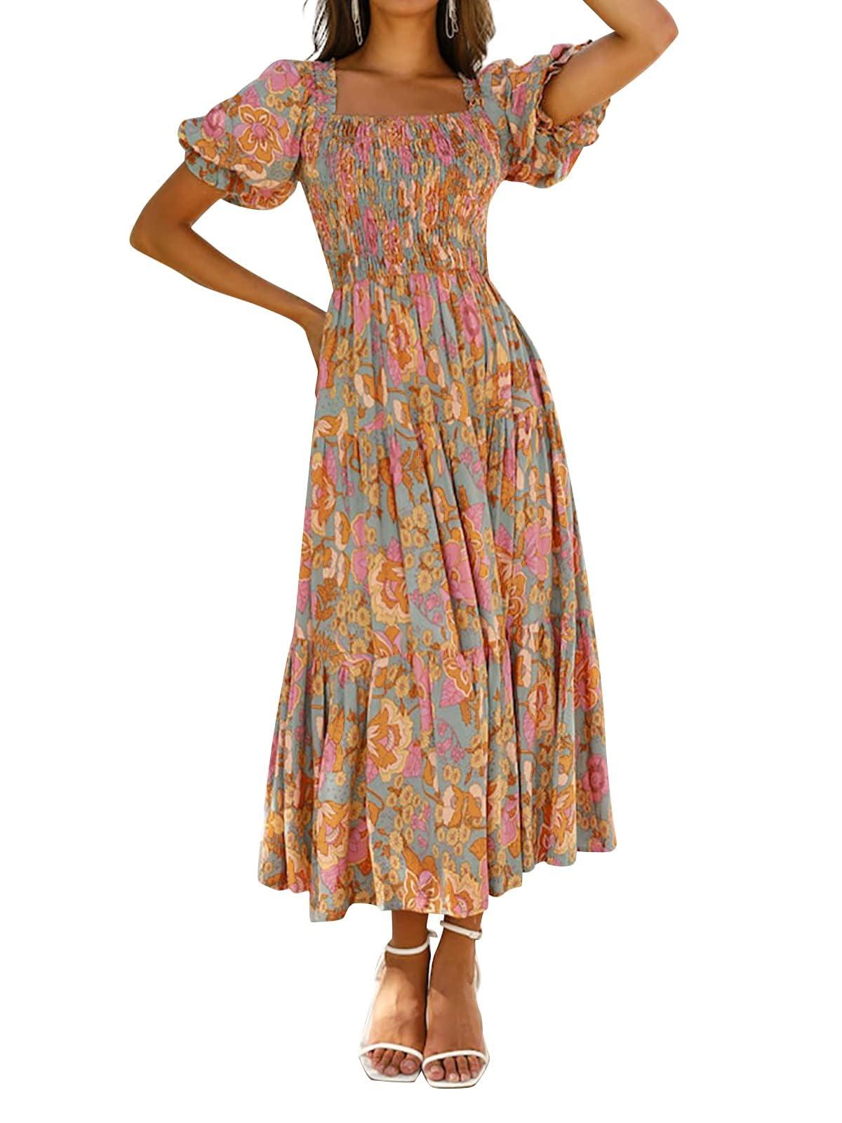ZESICA Women's 2025 Summer Boho Floral Print Square Neck Ruffle Swing Beach Long Maxi Dress