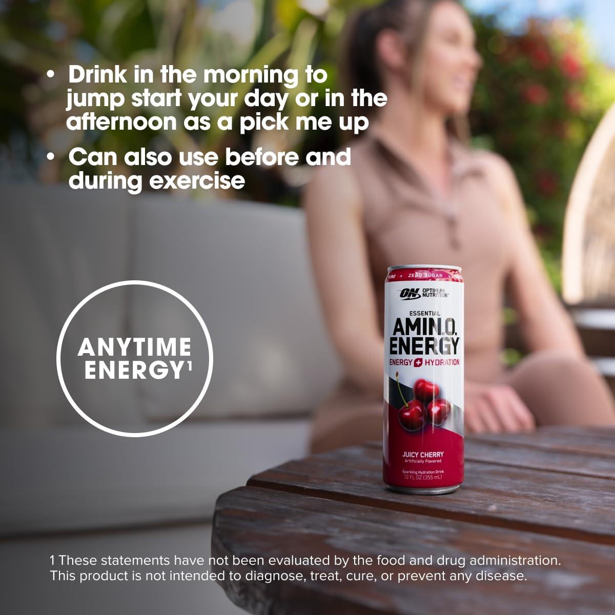 Optimum Nutrition Amino Energy Sparkling Hydration Drink, Electrolytes, Caffeine, Amino Acids, BCAAs, Sugar Free, Juicy Cherry, 12 Fl Oz, 12 Pack (Packaging May Vary) - Image 6