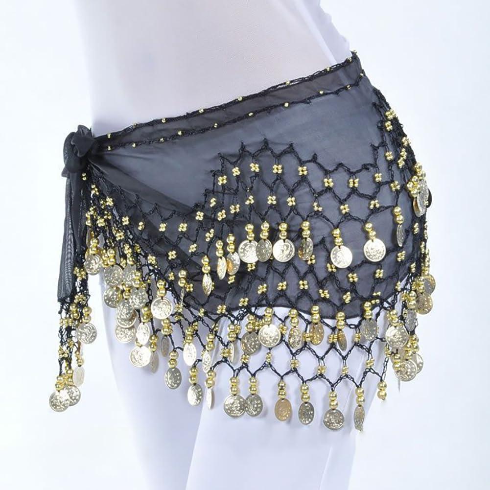 GSHLLO Sparkly Belly Dance Hip Scarf Chiffon Skirt Coin Dancing Skirt Bling Belly Dancer Costumes for Zumba Latin Black - Image 3
