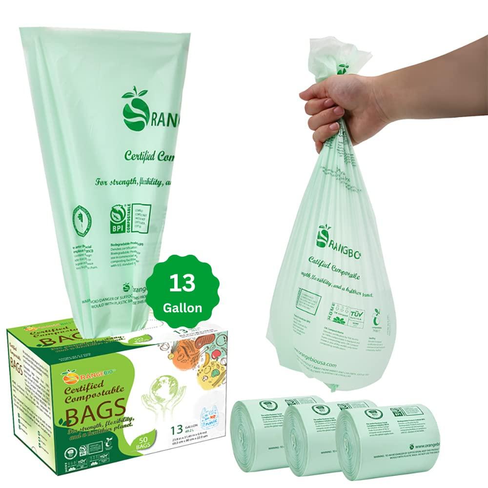 OrangeBio 100% Home Compostable Trash Bags 13 Gallon Tall Kitchen, 50 Count, 0.9 Mil, Kitchen Compost Bags, Large Compostable Bags US BPI ASTM D6400 and OK Compost Home Certified