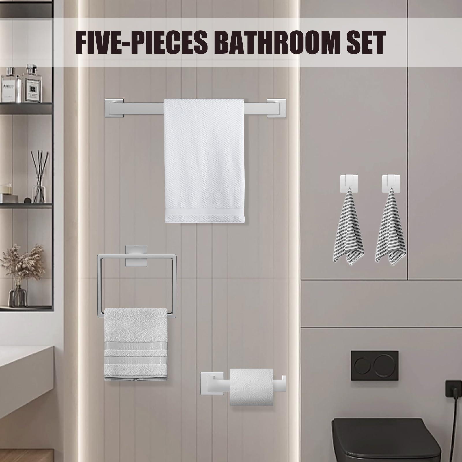 5 Piece Brushed Nickel Towel Bar Set Bathroom Hardware Set Brushed Nickel Bathroom Accessories Set with 2 Towel Hook, Stainless Steel Wall Mounted Bathroom Towel Rack Set Square 16-Inch - Image 6