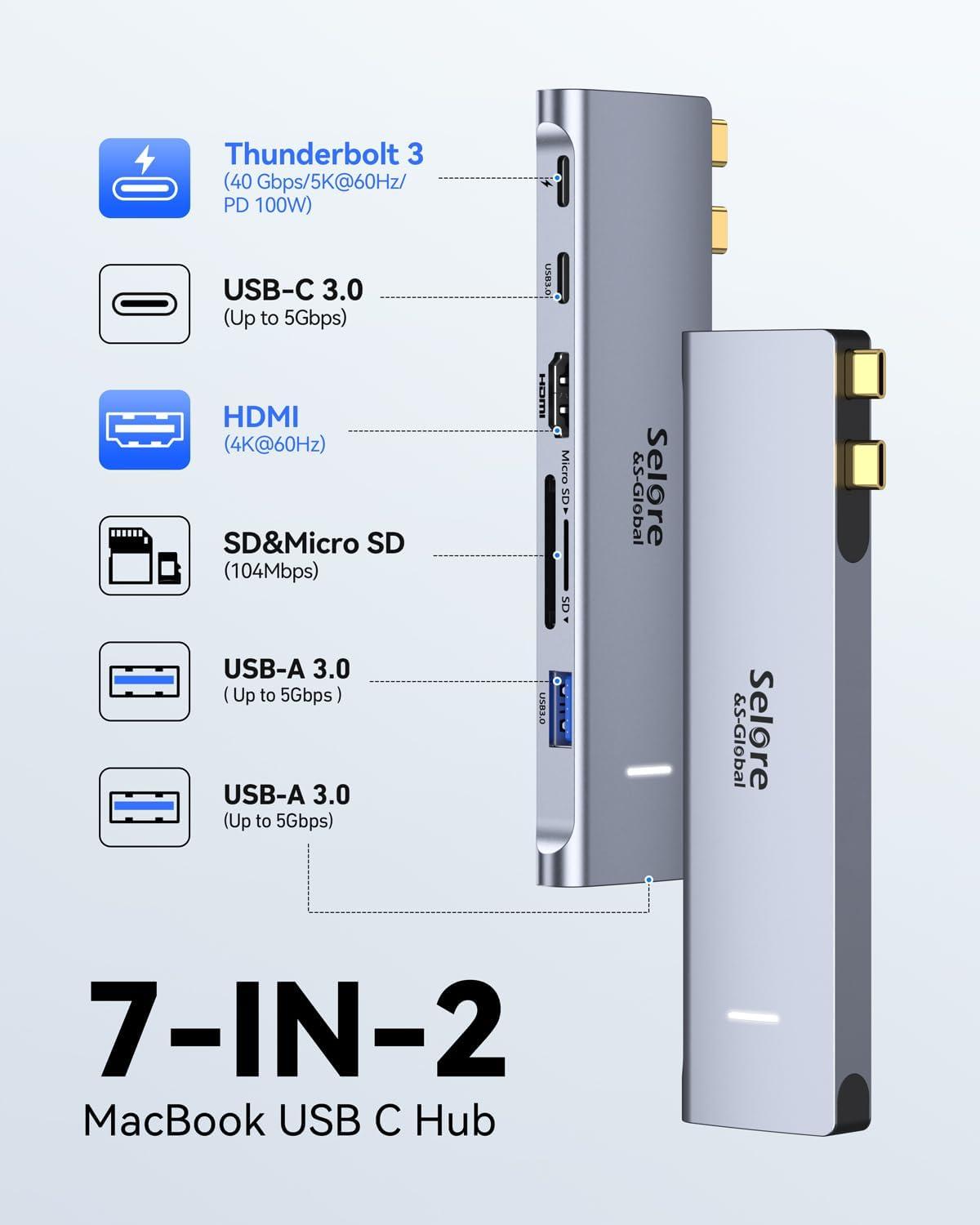 USB C Adapter HDMI Hub for MacBook Pro/Air M1 M2 M3 2024 2023 13" 15" 16",Mac USB Adapter 7-in-2, MacBook Accessories with HDMI,Thunderbolt 3, USB C and 2 A 3.0 Data Ports, SD&microSD Card Reader - Image 2