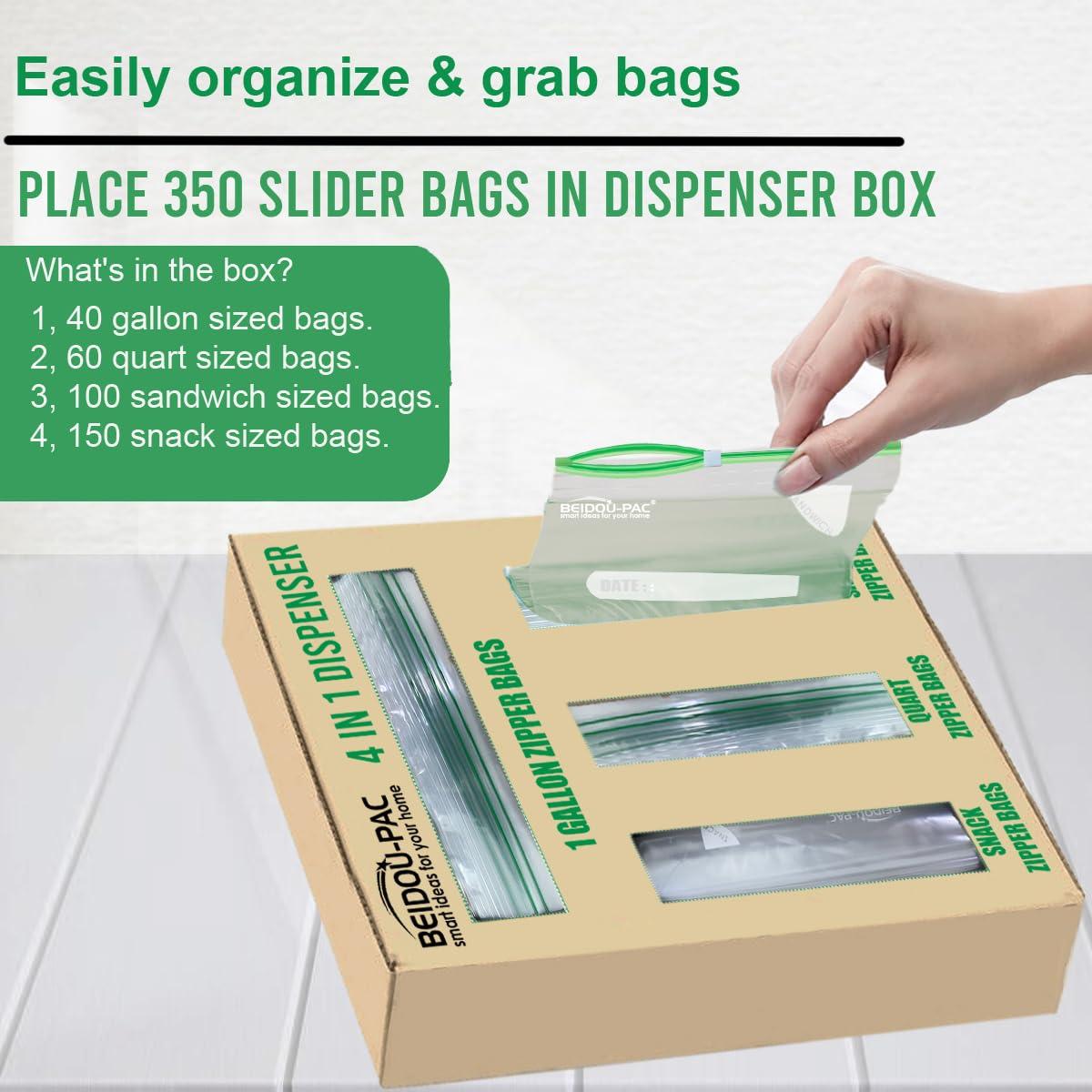 BEIDOU-PAC Combo Slider Storage Bags, 350 Count Resealable Variety Pack with Organizer, Reclosable Clear Plastic Snack, Sandwich, Quart,Gallon Size Bags (Variety Pack) - Image 4