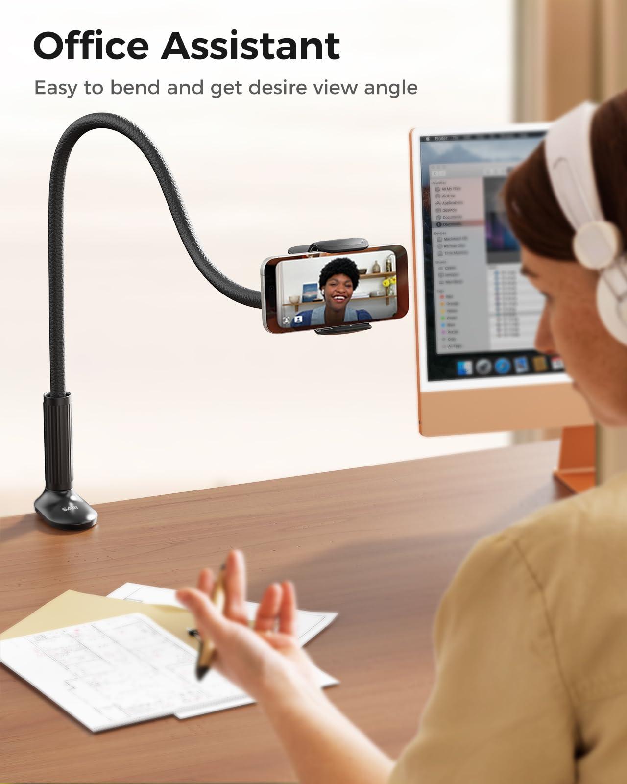 SAIJI Gooseneck Phone Holder for Bed Overall Length 38.6” Flexible Leather Wrapped Arm Overhead Cell Phone Mount Stand with 360° Adjustable Clamp Clip, Compatible with All 4-7” Cellphones (Black) - Image 7