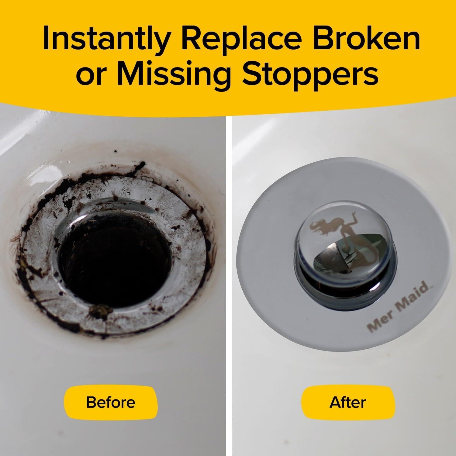 Mer-Maid Drain Magic AS-SEEN-ON-TV Replace Broken or Missing Bathroom Drain Stoppers in Seconds, No Tools, Push To Fill, Hair Catcher Prevents Clogs, Watertight Silicone Seal,Chrome Plated Solid Brass - Image 3