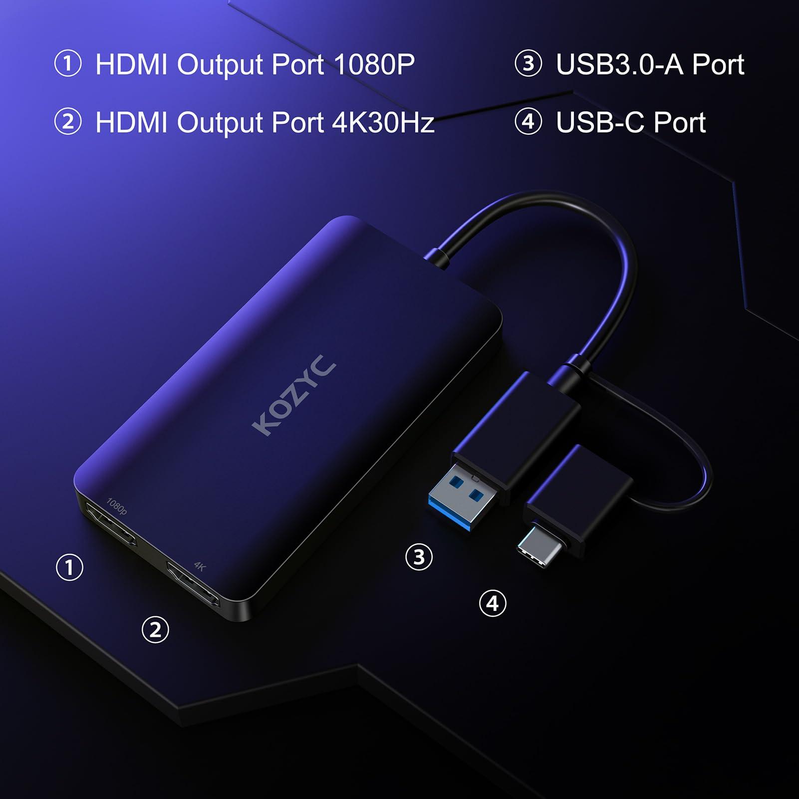 KOZYC USB 3.0 to HDMI Splitter Extended Display Dual Monitors, USB 3.0-A/C to Dual HDMI Adapter 4K@30Hz+1080p@60Hz Compatible MacBook/MacBook Pro Air Dell (MST Support MacOS/Windows) - Image 3