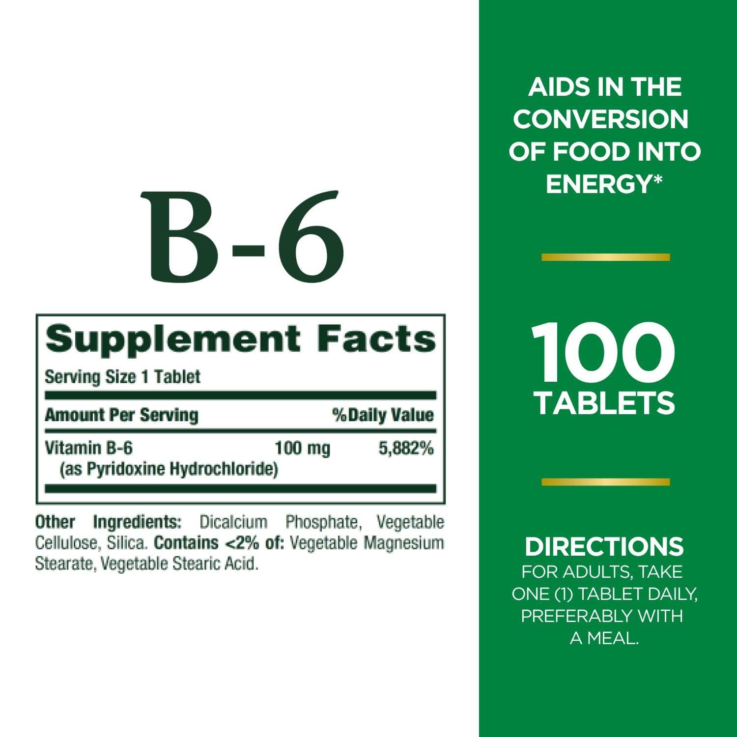Nature's Bounty Vitamin B6 100mg Tablets - Supports Energy Metabolism & Nervous System Health, 100 Ct - Image 2