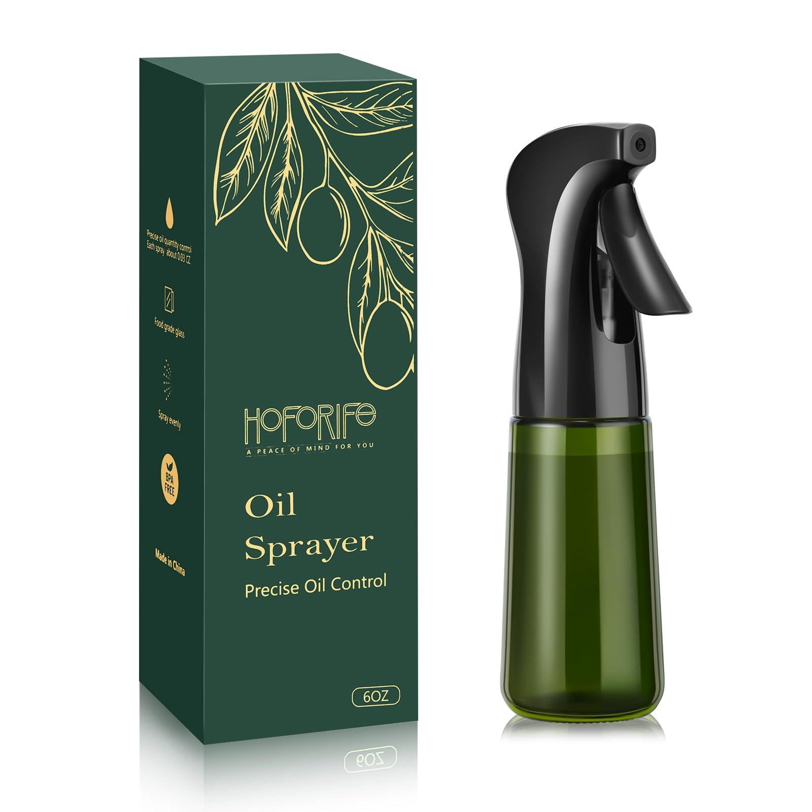 hoforife 7oz Glass Olive Oil Sprayer Bottle for Cooking, Oil Mister Spray Dispenser Bottle with Portion Control for Kitchen (Green, Light Blockage)