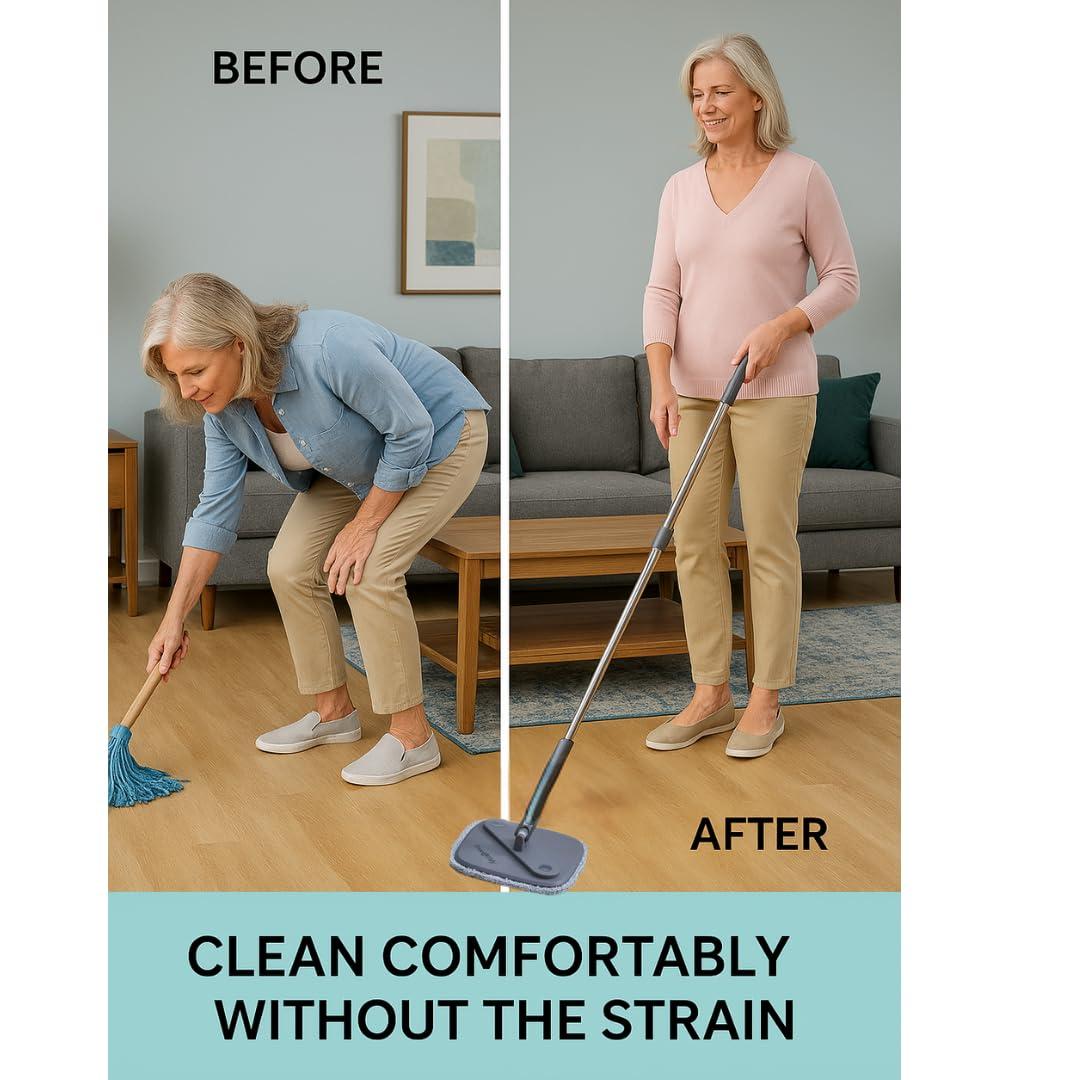 TRUE & TIDY Square Spin Mop & Bucket System – Dual Chamber for Clean & Dirty Water, 360° Rotating Self-Wringing Mop with Built-in Scrub Brush, Stainless Steel Handle & 2 Reusable Microfiber Mop Pads - Image 7