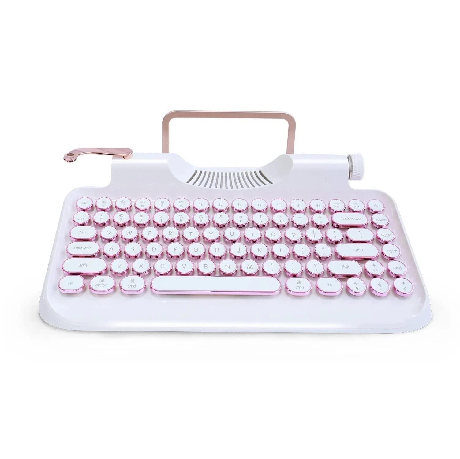 RYMEK Typewriter Style Mechanical Wired & Wireless Keyboard with Tablet Stand, Bluetooth Connection (White)
