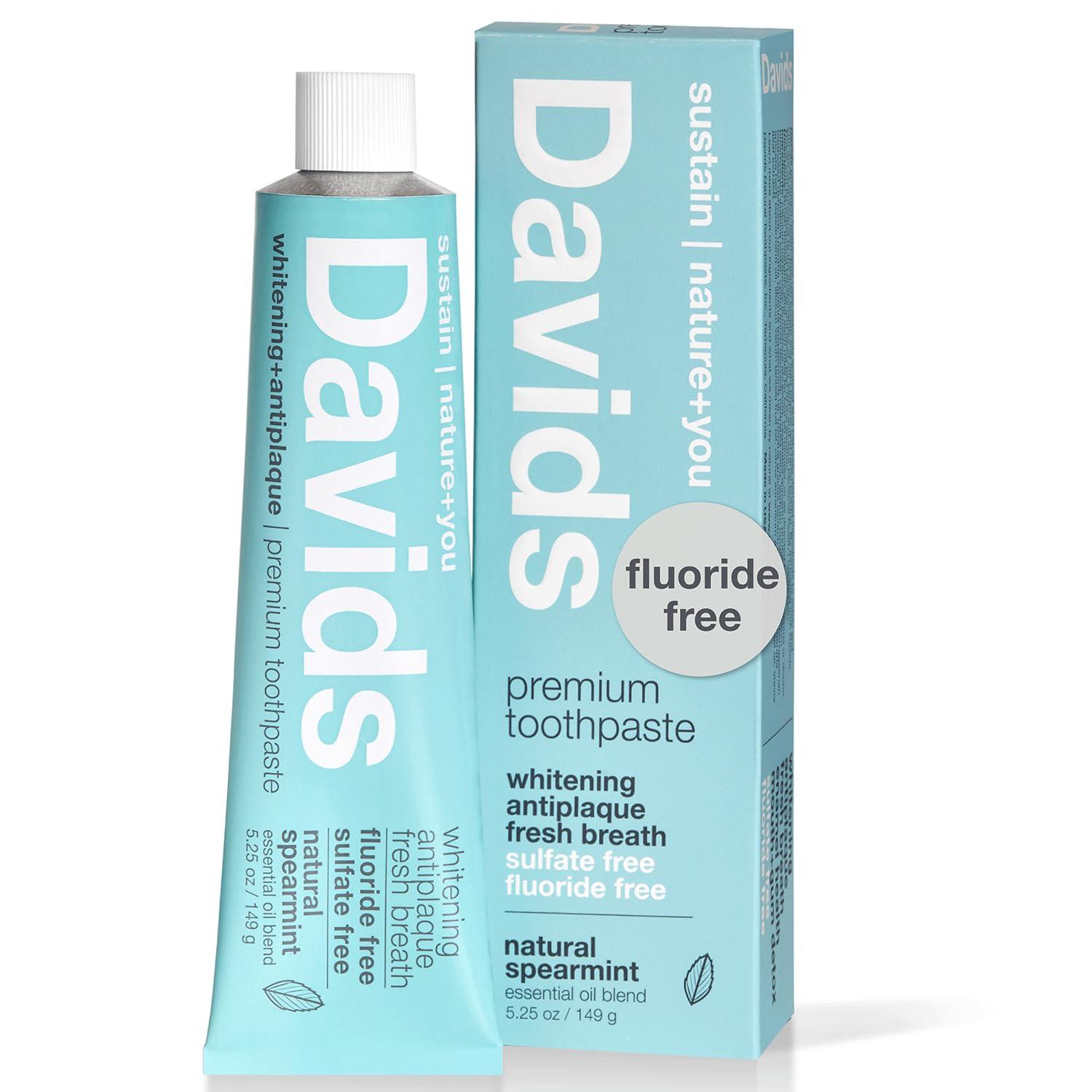 Davids Fluoride Free Toothpaste, Teeth Whitening, Antiplaque, SLS (Sulfate) Free, Promotes Enamel Health, Mouth & Gum Detox, EWG Verified, Natural Spearmint, 5.25oz, Made in USA