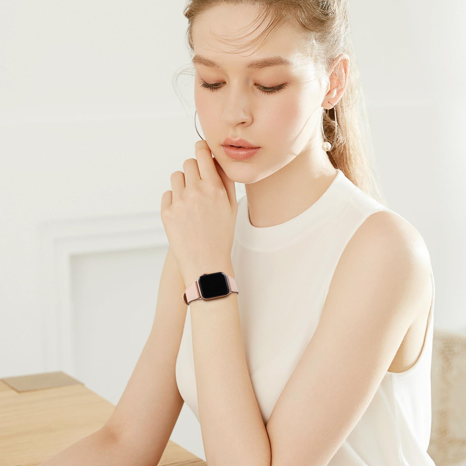 MNBVCXZ Compatible with Apple Watch Band 38mm 40mm 41mm 42mm 44mm 45mm 46mm 49mm Women Men Genuine Leather Replacement Strap for iWatch Series 10 9 8 7 6 5 4 3 2 1 SE Ultra (Pink Sand/Rose Gold) - Image 6