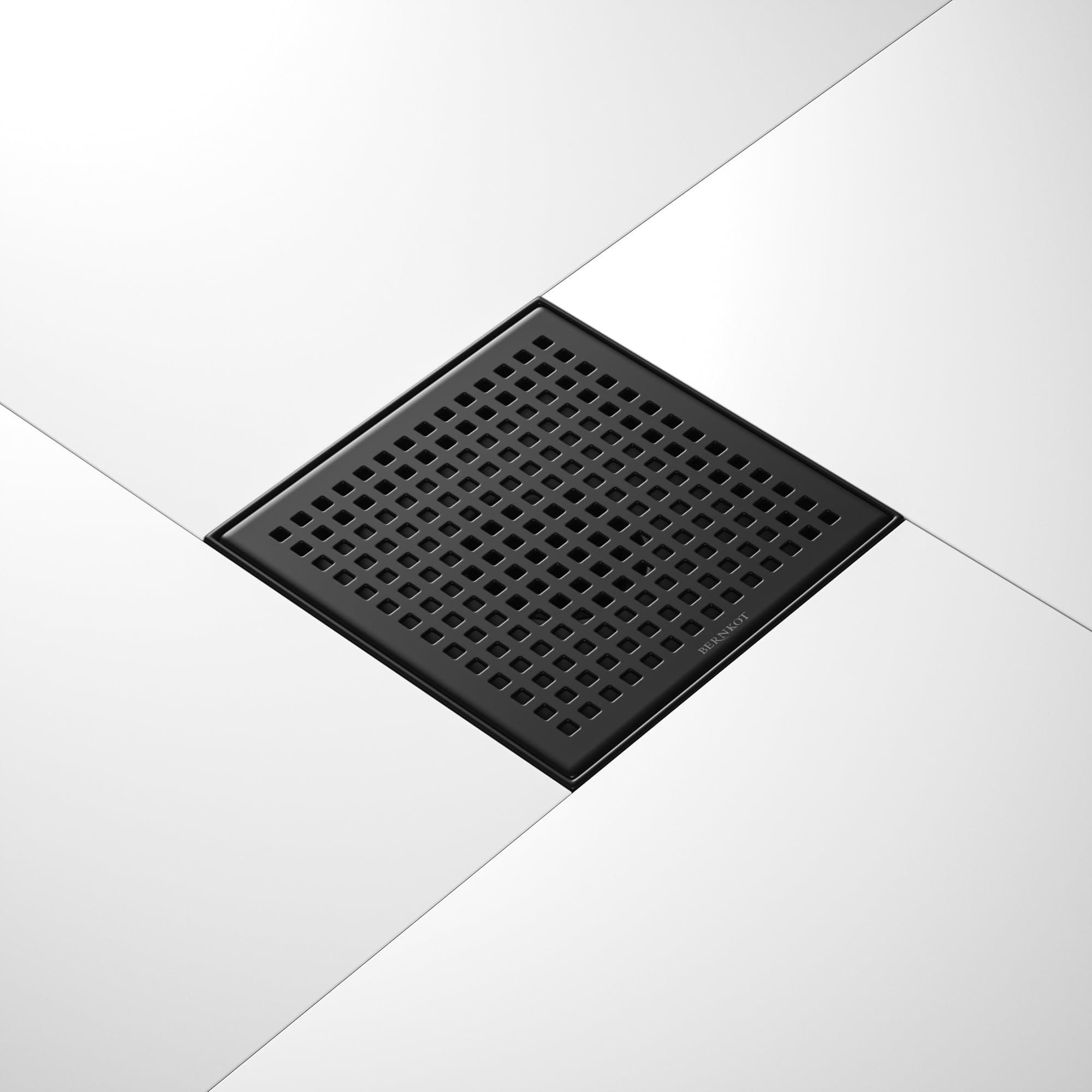 Bernkot Square Shower Drain 8", 304 Stainless Steel Floor Drain with Grid Drain Cover & Hair Strainer, Shower Drain w/CUPC Certified, Matte Black - Image 2