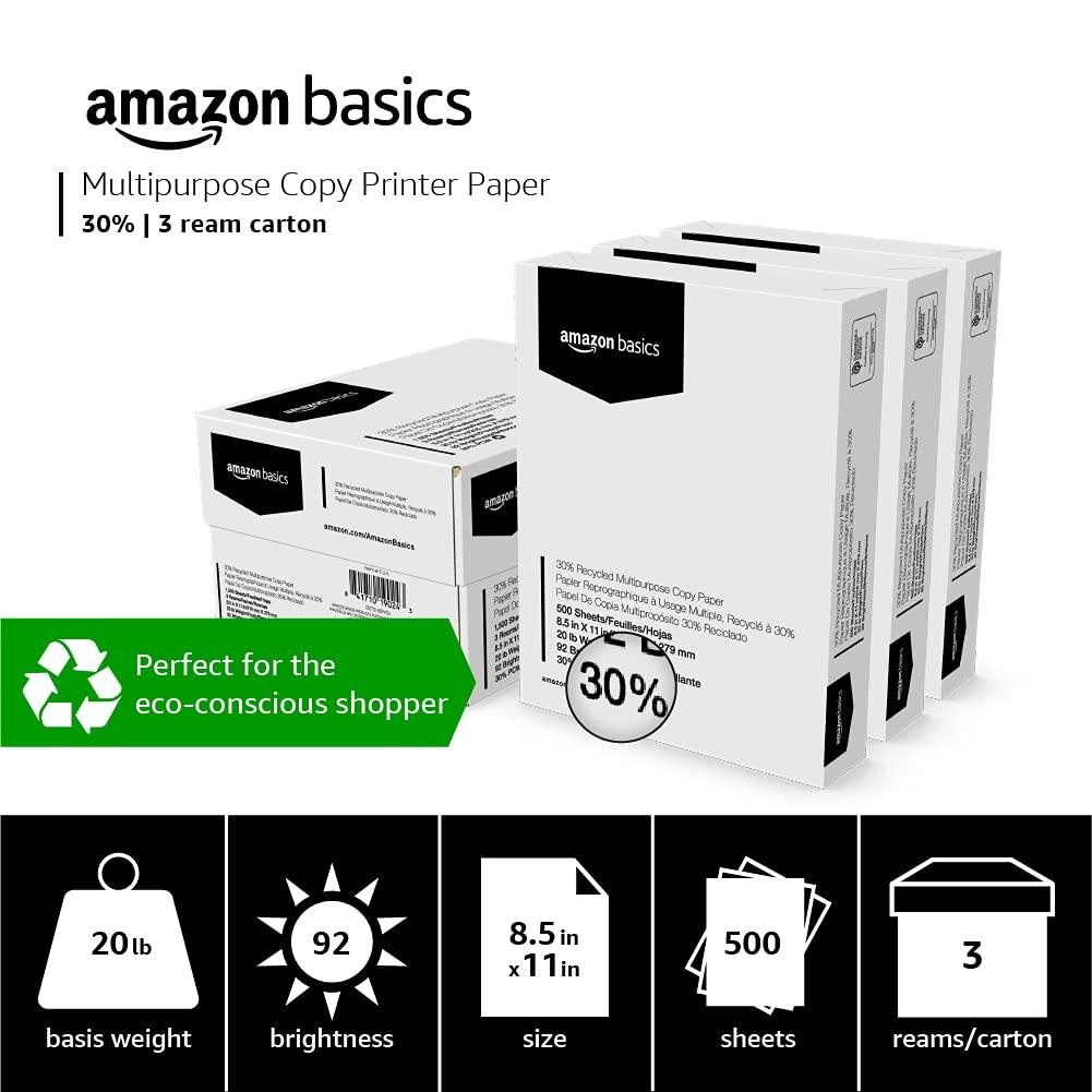Amazon Basics 30% Recycled Multipurpose Copy Printer Paper, No Jams, 8.5-x-11-inch, 3 Reams (1500 Sheets), White - Image 3