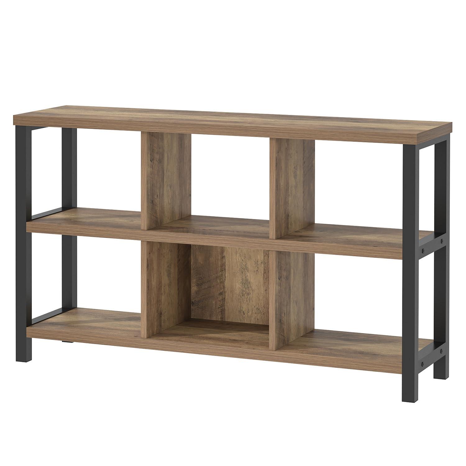FOLUBAN 6 Cube Storage Organizer with Shelf, Industrial Horizontal Bookshelf, Low Cubby Bookcase for Living Room Bedroom, 47 Inch Oak - Image 9