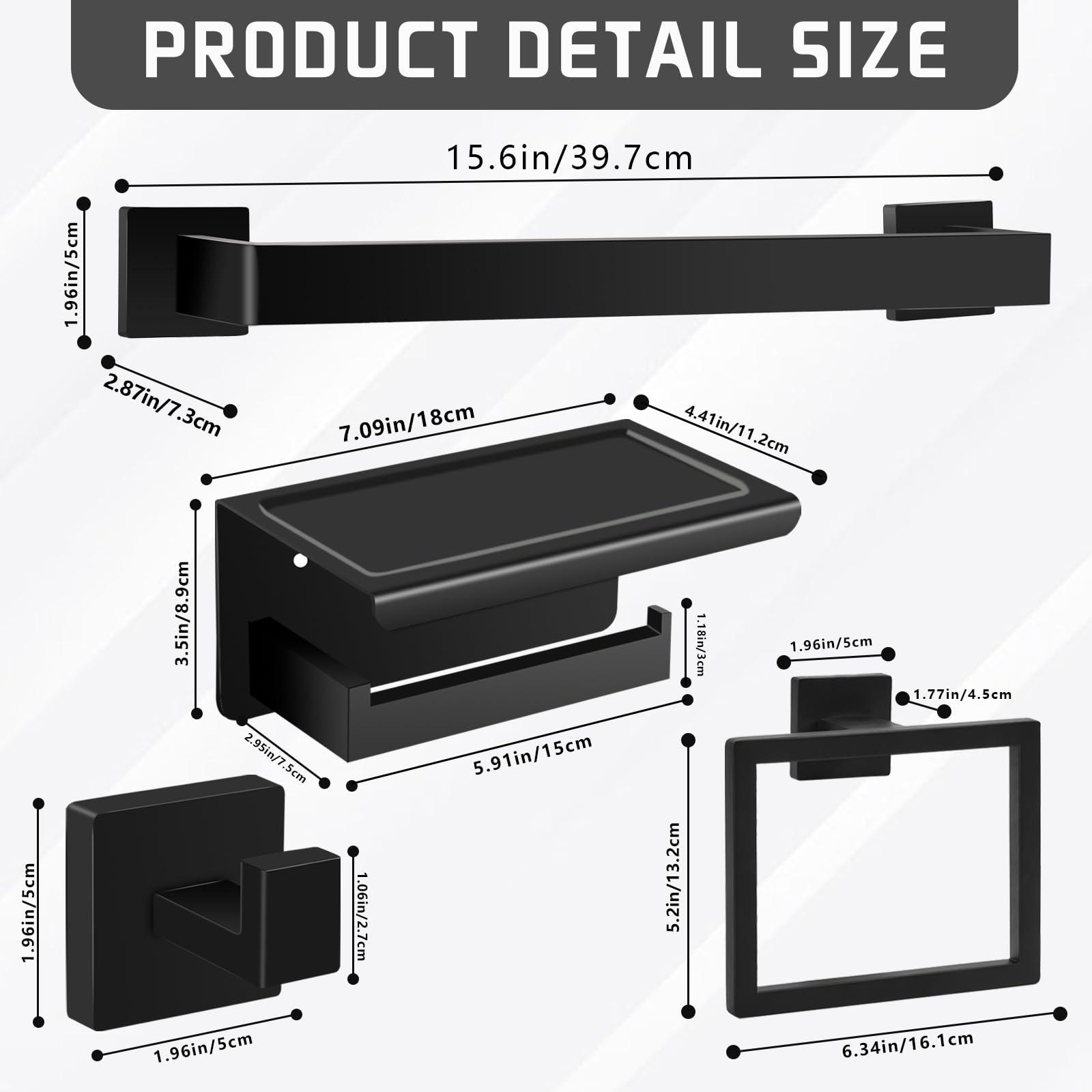 Matte Black Bathroom Hardware Accessories Set of 5 Pieces, 15.6 Inch Bath Towel Bar Set, 304 Stainless Steel Bathroom Hardware Set, Towel Racks for Bathroom Wall Mounted - Image 3