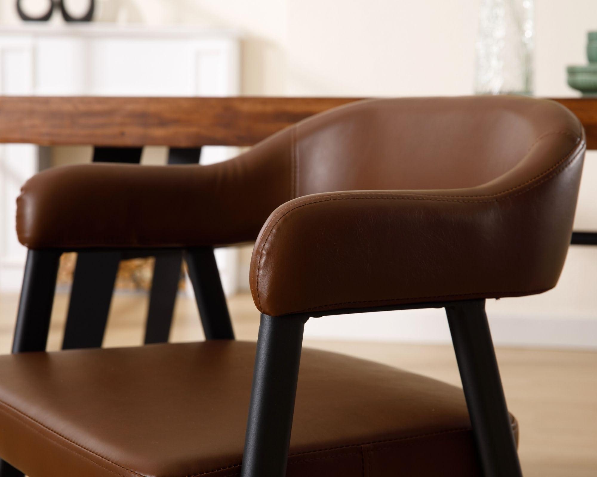 HNY Modern Dining Room Arm Chairs Set of 4, Retro Faux Leather Upholstered Barrel Dining Chairs with Arms Mid-Century Brown Accent Chair with Metal Legs, Open-Back Kitchen Side Chair for Living Room - Image 6