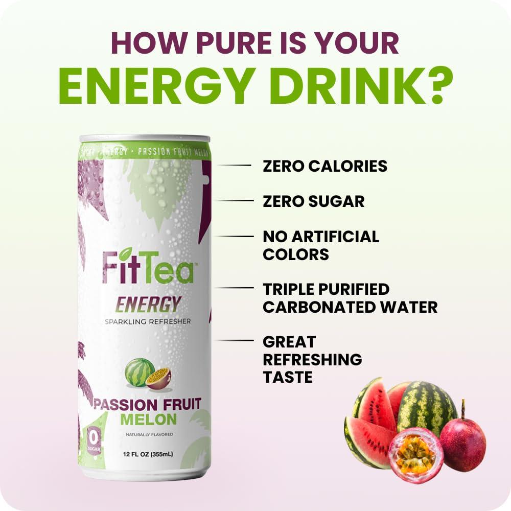 FitTea Healthy Energy Drink 12 Fl Oz - Passionfruit Melon Sparkling Refresher (12 Pack) Natural Green Tea Energy Drinks Sugar Free - Image 3