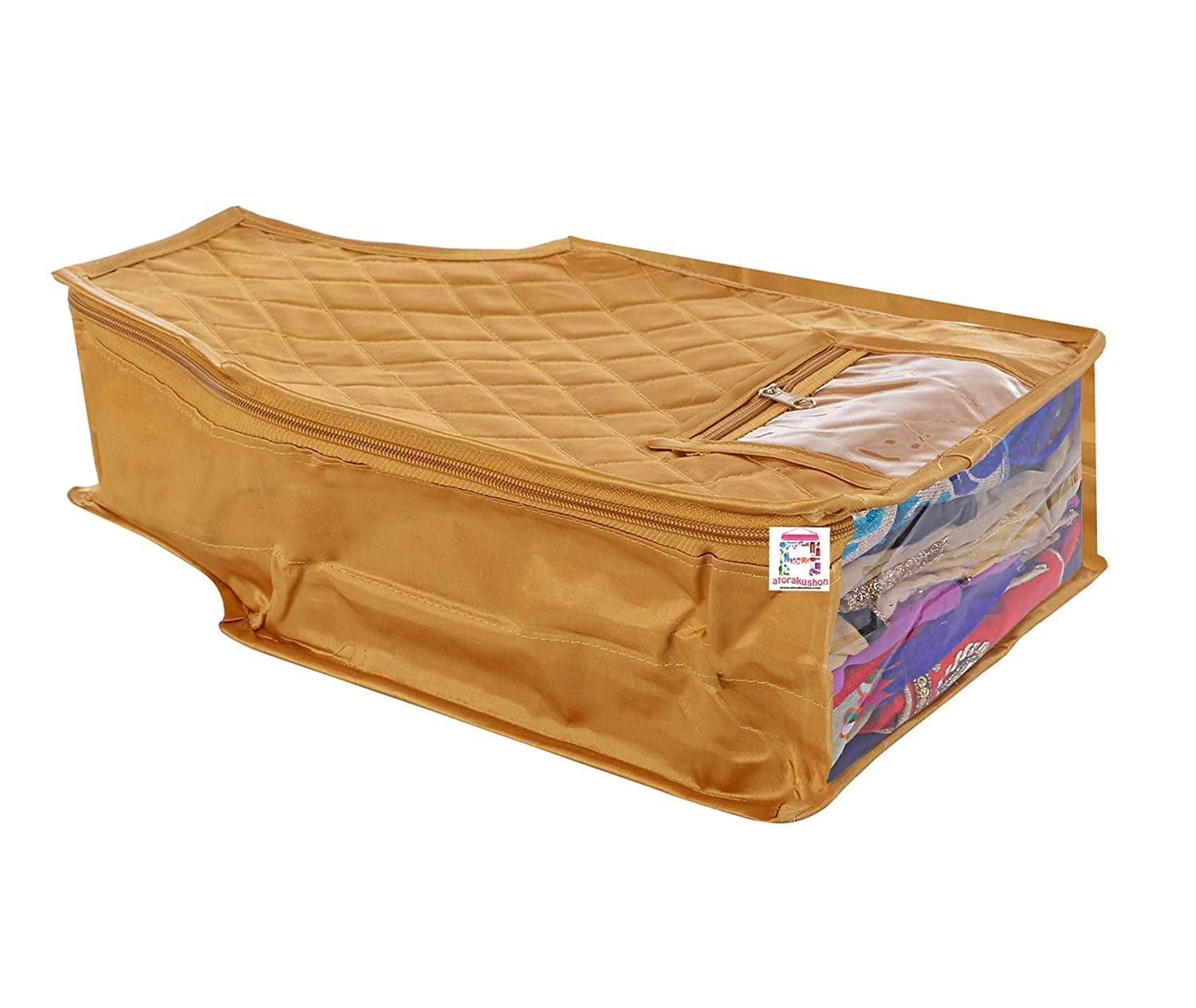 atorakushon 4 Piece Fabric Satin Blouse Cover Clothes Storage Bag Set With Transparent Window Wardrobe Garments Organizers (Golden) - Image 3