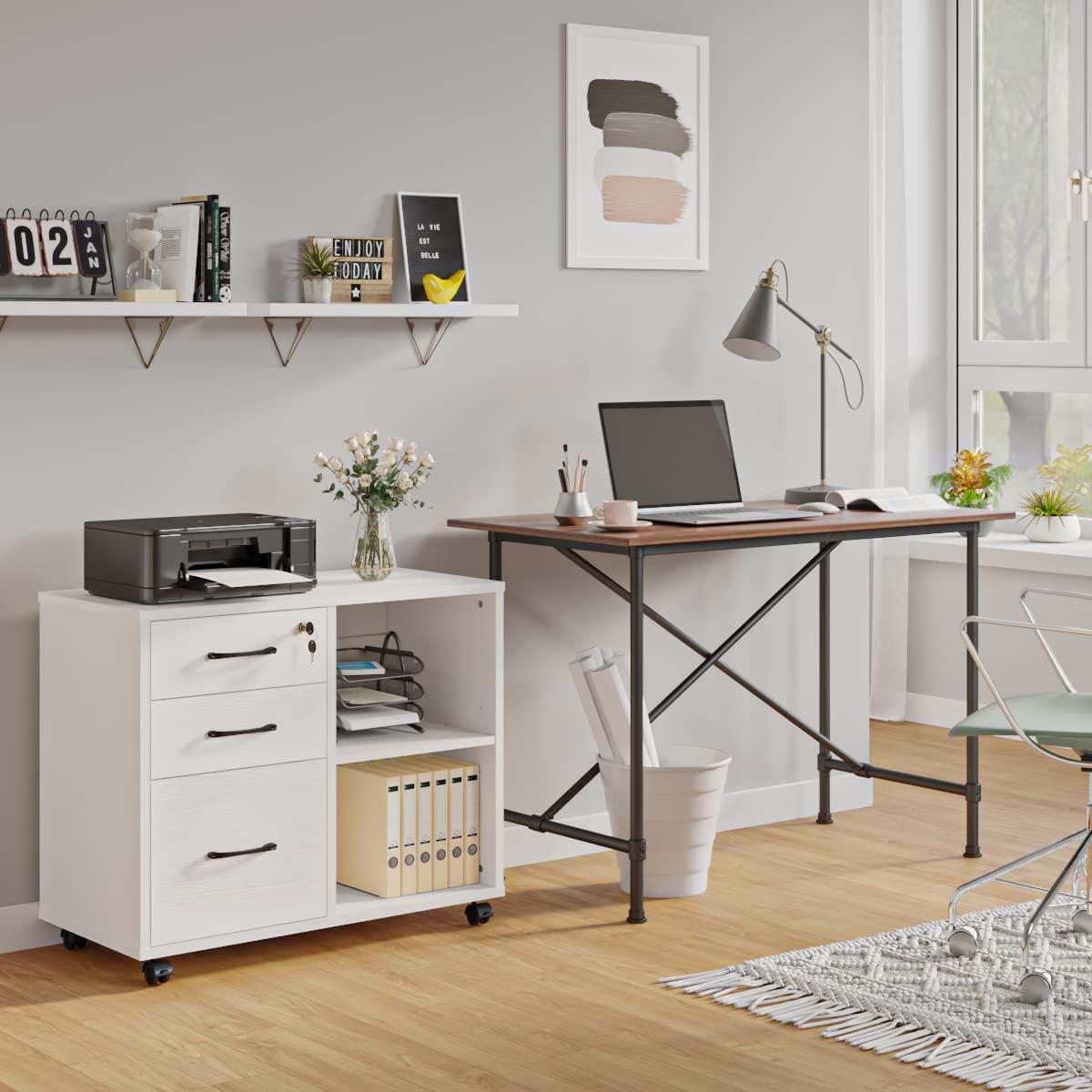 3 Drawer File Cabinets, Mobile Lateral Printer Stand with Open Shelf, Rolling Filing Cabinet with Wheels Home Office Organization and Storage (White) - Image 4