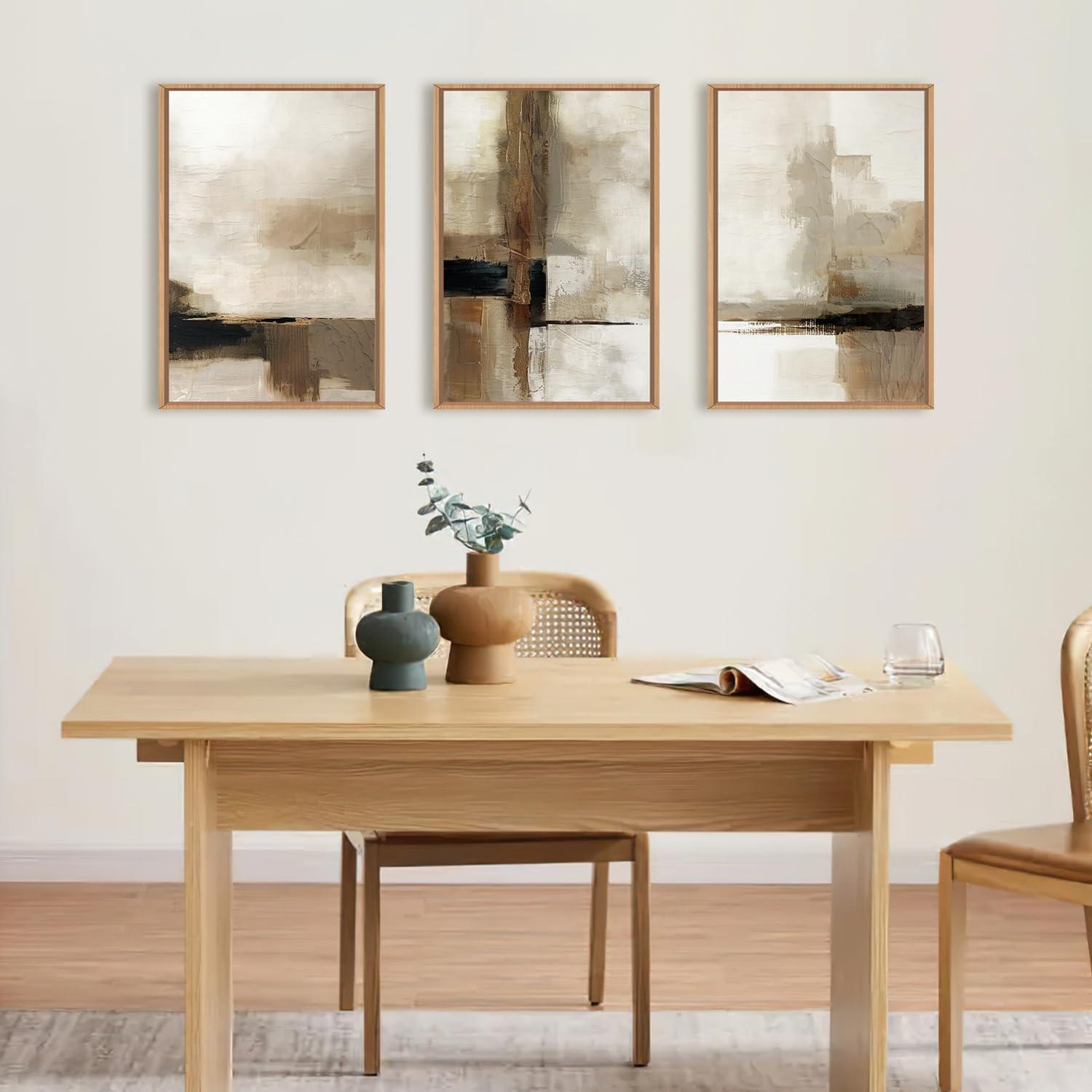 HOURIA Large Abstract Neutral Framed Canvas Wall Art Set,Brown Beige Wall Decor,Minimalist Black Wall Painting,Modern Brush Stroke Line Art Print for Living Room,Bedroom,Office- 16"x24"x3 - Image 3