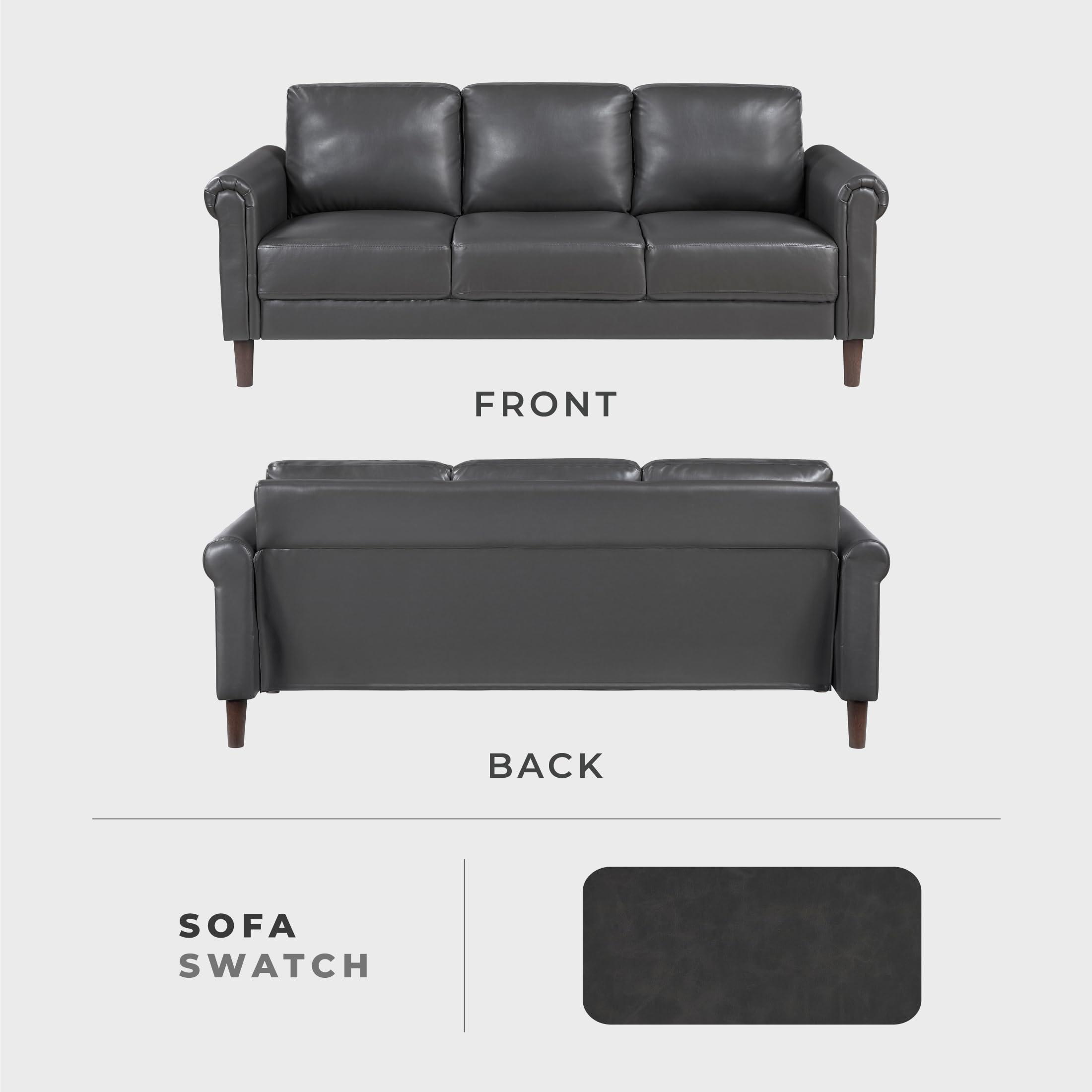Lexicon 79" W Sofa Couch, Faux Leather Upholstered Couch, Sofa with Rolled Armrest for Bedroom/Office/Waiting Room, 3 Seater, Dark Gray - Image 4