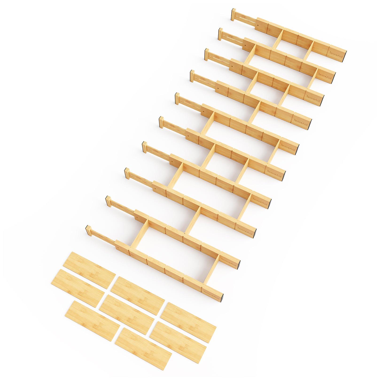 SpaceAid Bamboo Drawer Dividers with Inserts and Labels, Kitchen Adjustable Drawer Organizers, Expandable Organization for Home, Office, Dressers, 10 Dividers with 24 Inserts (17"-22" Natural)