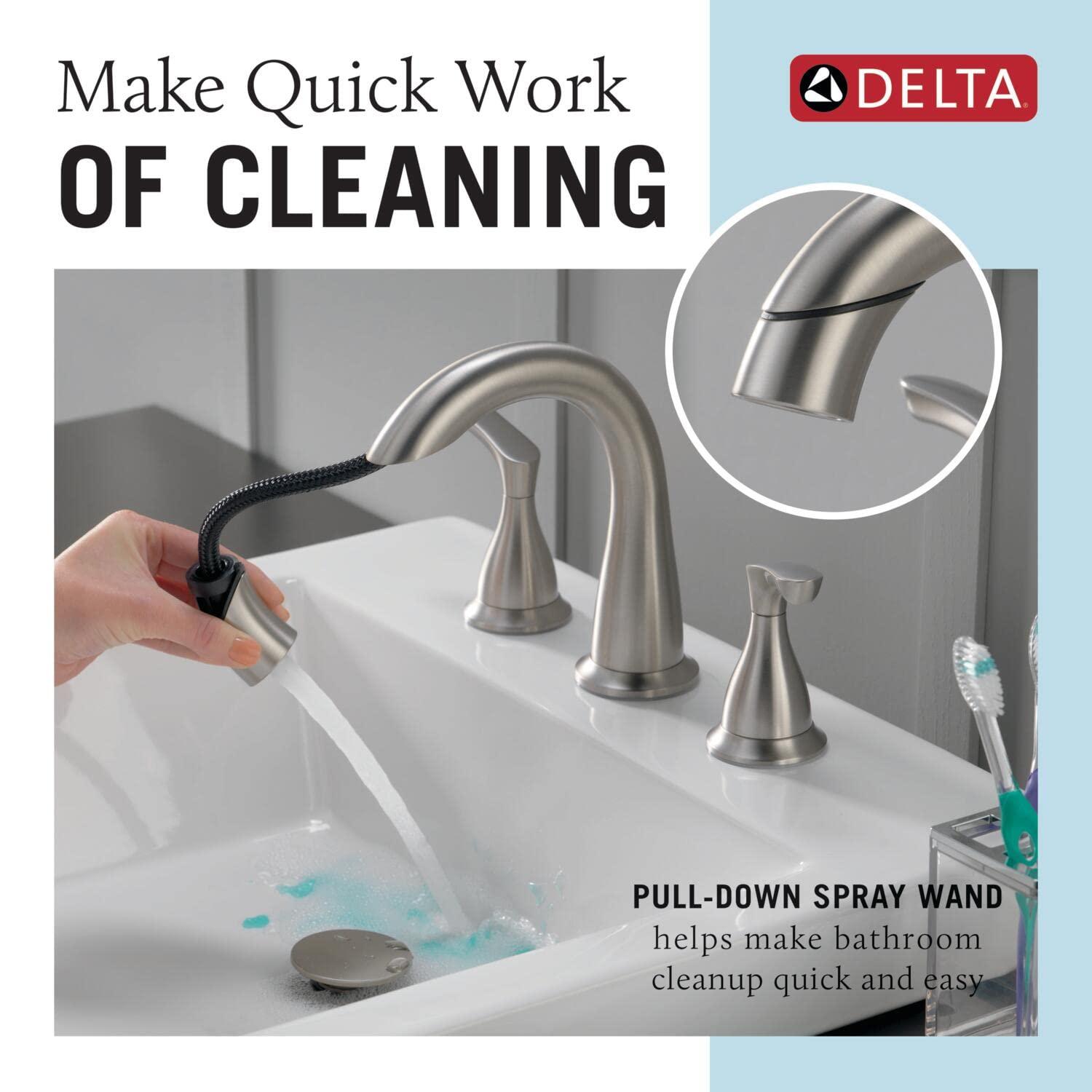Delta Broadmoor Brushed Nickel Bathroom Faucet with Sprayer, 8 Inch 3 Hole Widespread Bathroom Sink Faucet with Pull Out Sprayer, Push-Pop Drain, SpotShield Stainless 35765LF-SPPD - Image 4