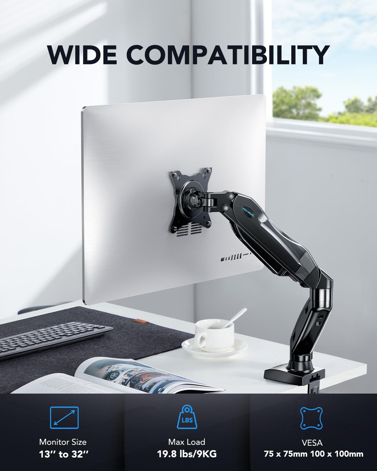HUANUO Single Monitor Mount, 13 to 32 Inch Gas Monitor Arm, Adjustable Stand, Vesa Mount with Clamp and Grommet Base - Fits 4.4 to 19.8lbs LCD Computer Monitors - Image 2