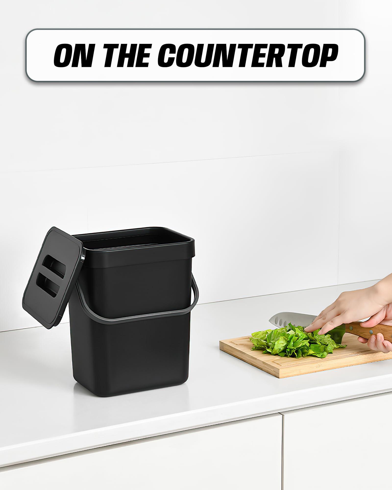MONGTINGLU Countertop Compost Bin - 1.3 Gallons Hanging Small Trash Can with Lid for Kitchen Bathroom, Under Sink Kitchen Trash Can, Indoor Counter Compost Bucket with Lid, 5L(Black) - Image 2