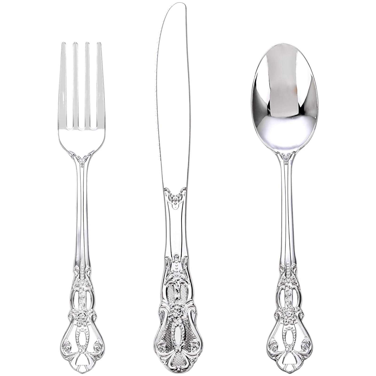 Joyido 90PCS Silver Plastic Silverware - Heavy Duty Silver Disposable Cutley - Fancy Plastic Utensils Flatware Include 30 Forks, 30 Spoons, 30 Knives for Catering, Parties, Dinners, Weddings