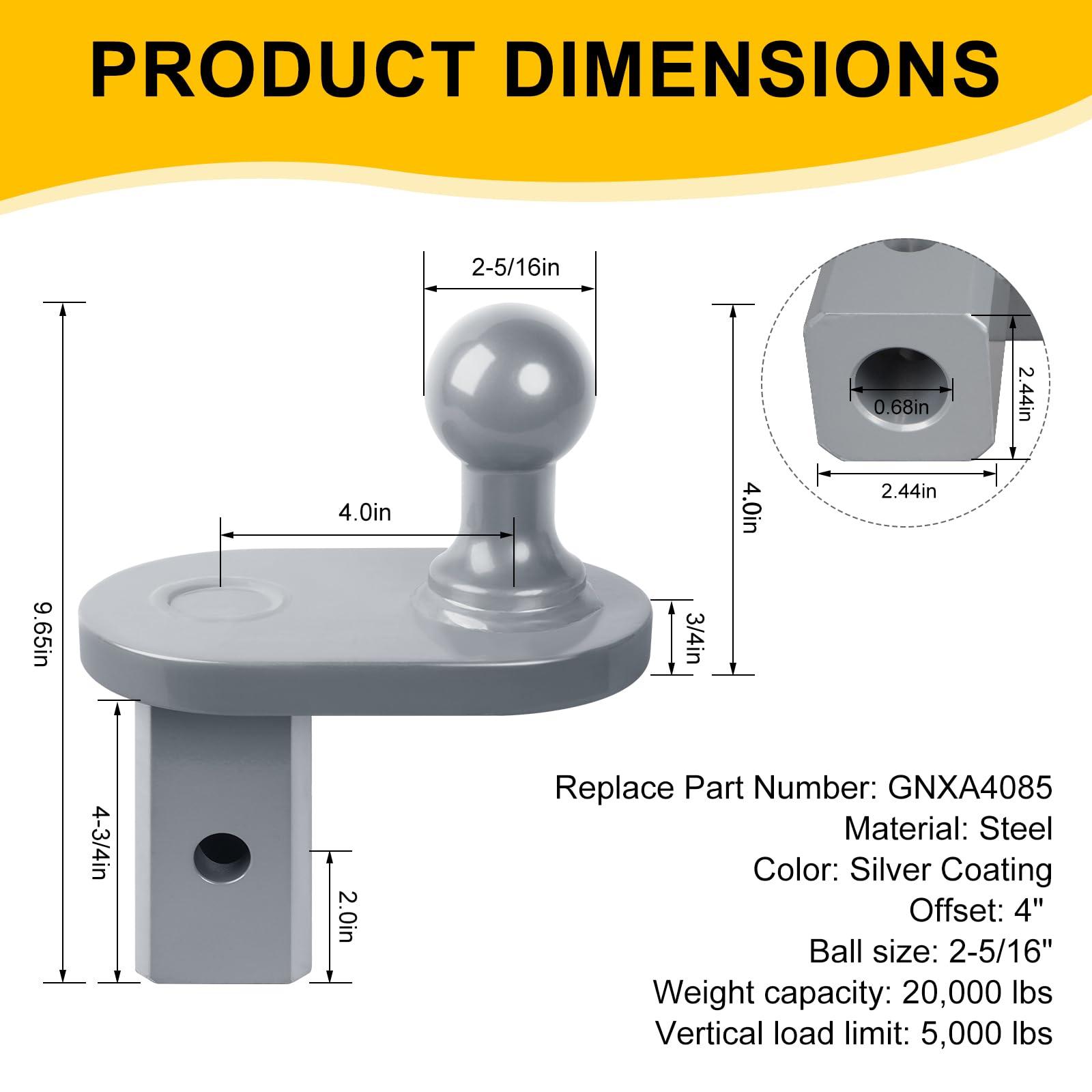 TOPTGO 4" Offset Gooseneck Ball Extender, Heavy Duty Hitch Extender, Fits B&W Turnoverball Gooseneck Trailer Hitches, 20000 lbs GTW/ 5000 lbs VTW, 2-5/16" Ball Diameter - Image 2