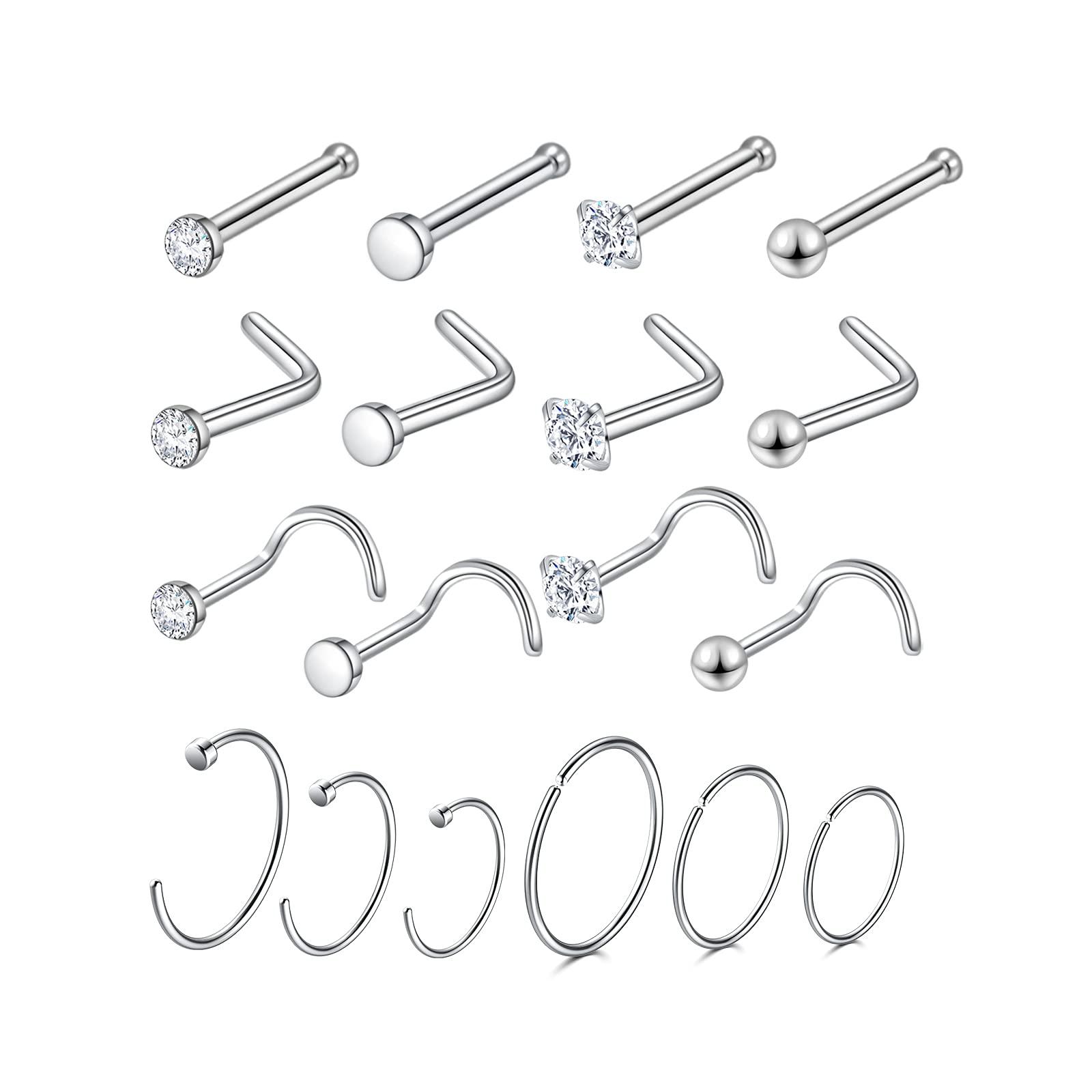 Surgical Steel Nose Piercing Jewelry - 20G & 18G Nose Rings & Studs, Hoops 8mm-12mm, CZ Diamond 1.5mm-3mm, L-Shaped & Hoop Styles for Women & Men