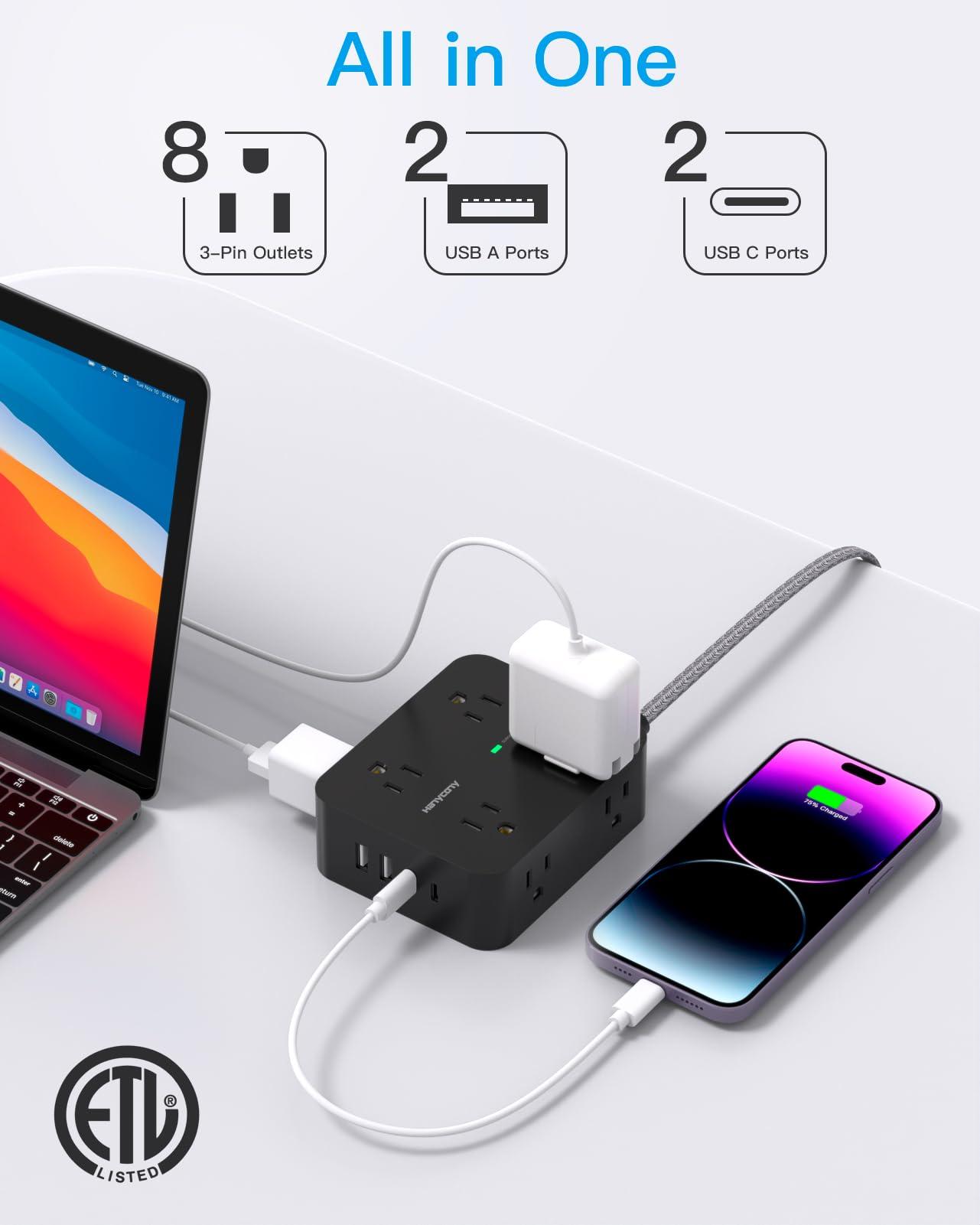 Power Strip Surge Protector 10 Ft Cord, HANYCONY Extension Cord Flat Plug with 8 Outlets 4 USB Ports(2 USB C), Wall Mount, Desk Charging Sation for Home Offcie - Image 2
