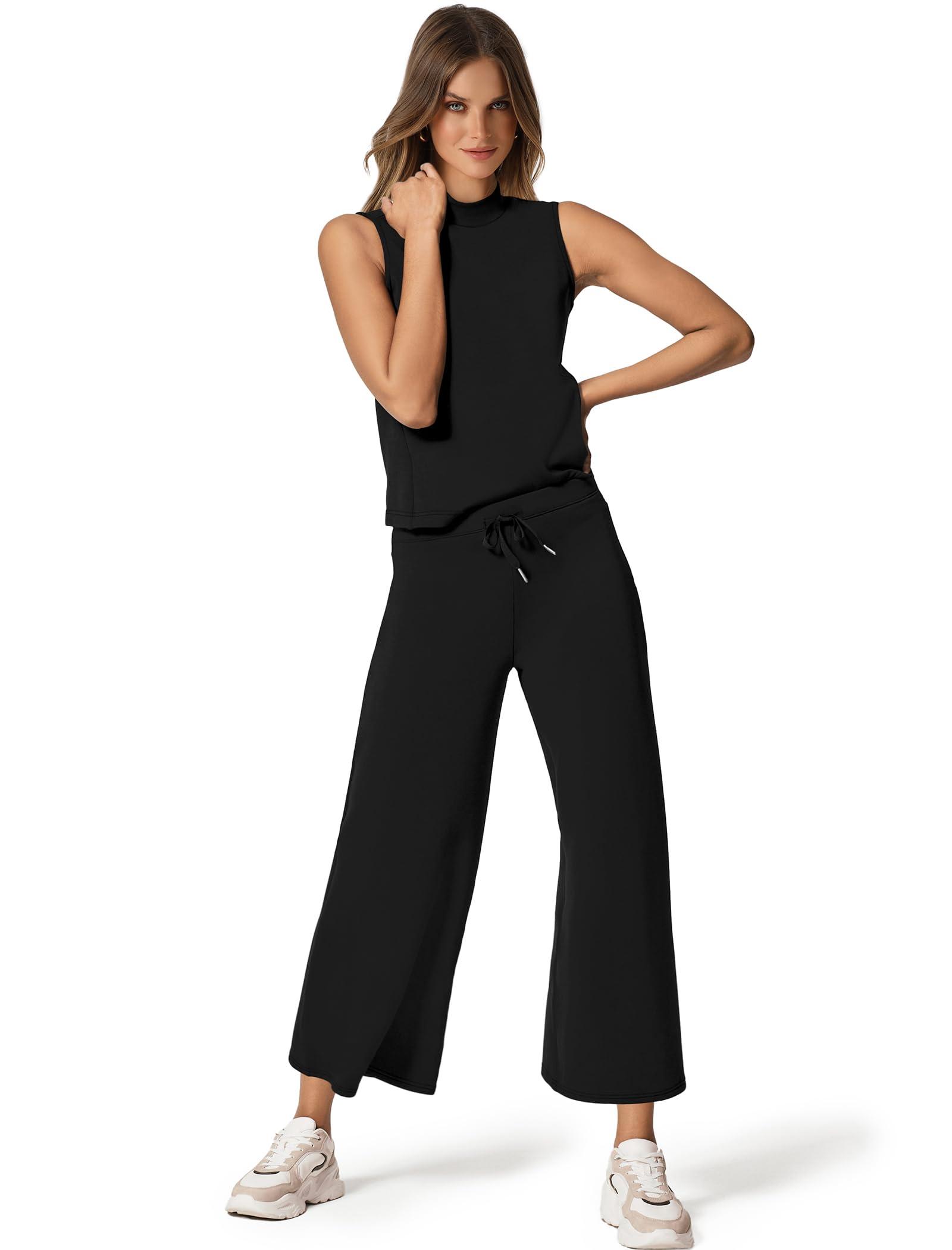 SAMPEEL Two Piece Sets for Women Summer Outfits Lounge Sets Mock Neck Tops Wide Leg Crop Pants Vacation Travel Outfits - Image 2