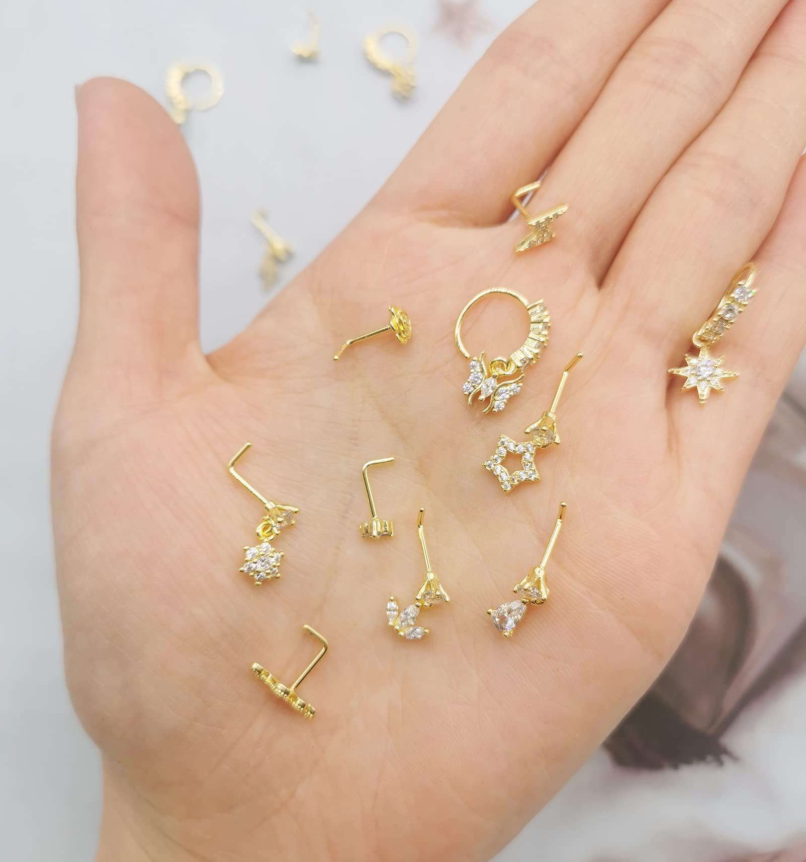 SAMOCO 20Pcs 20G Dangle Nose Ring L Shaped Dangling Nose Stud for Women Stainless Steel Nose Ring Studs CZ Flower Dangle Nose Rings Hoops Nose Piercing Jewelry - Image 6