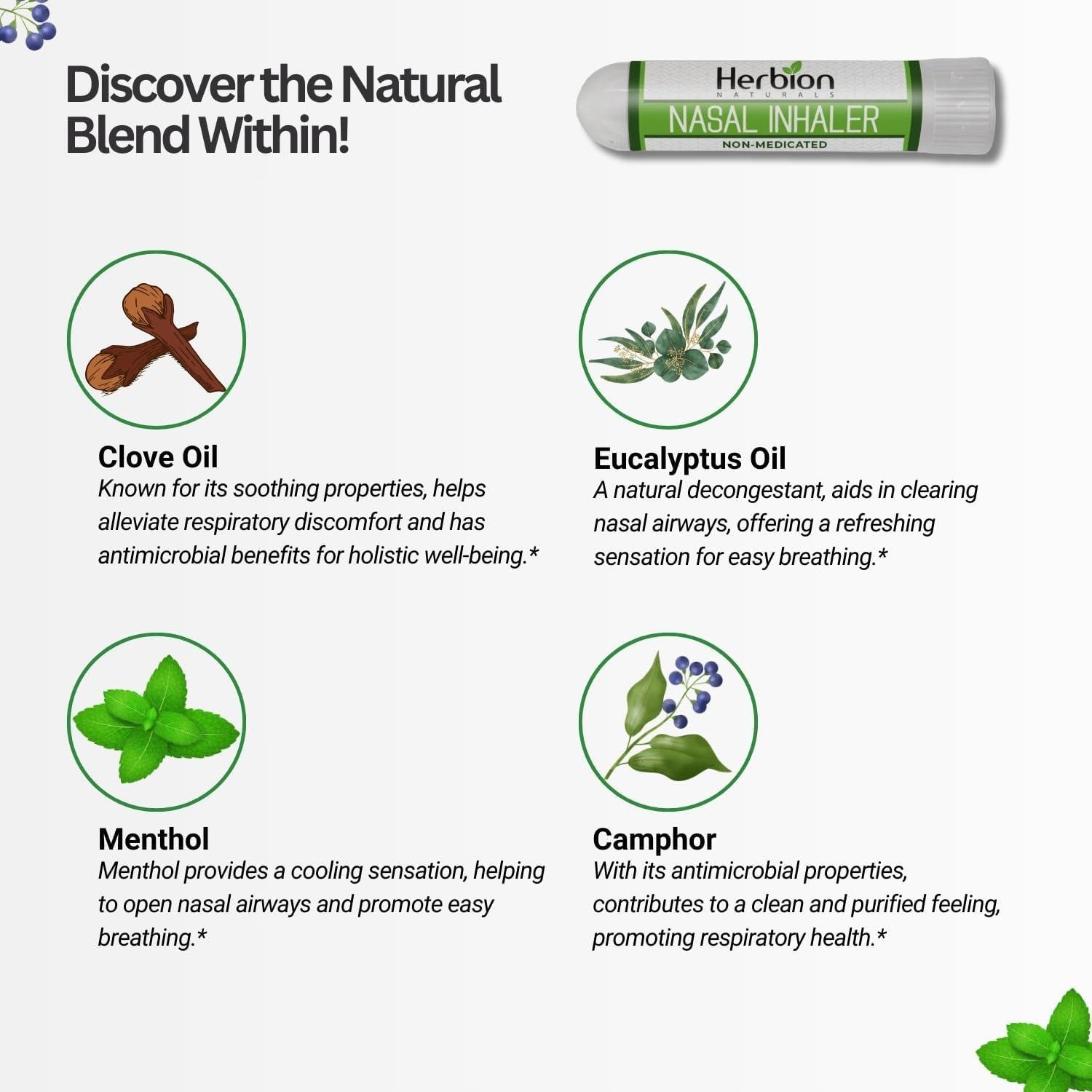 HERBION Naturals Nasal Inhaler Non-Medicated, Relieves Nasal Congestion & Blockage, Sinusitis Conditions, Menthol, Clove Oil, Eucalyptus Oil & Camphor, 0.05 Fl Oz (1.5ml) - Image 3