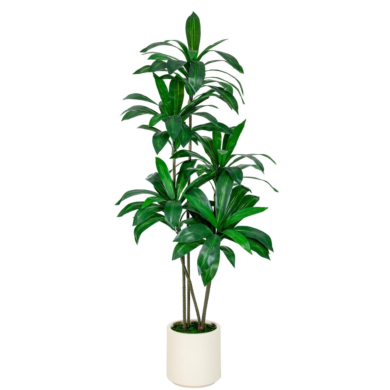 VIVATREES 6FT Tall Faux Dracaena Tree with White Tall Planter, Artificial Plants with Natural Wood Trunk and Lifelike Leaves for Home Office Decor, Green