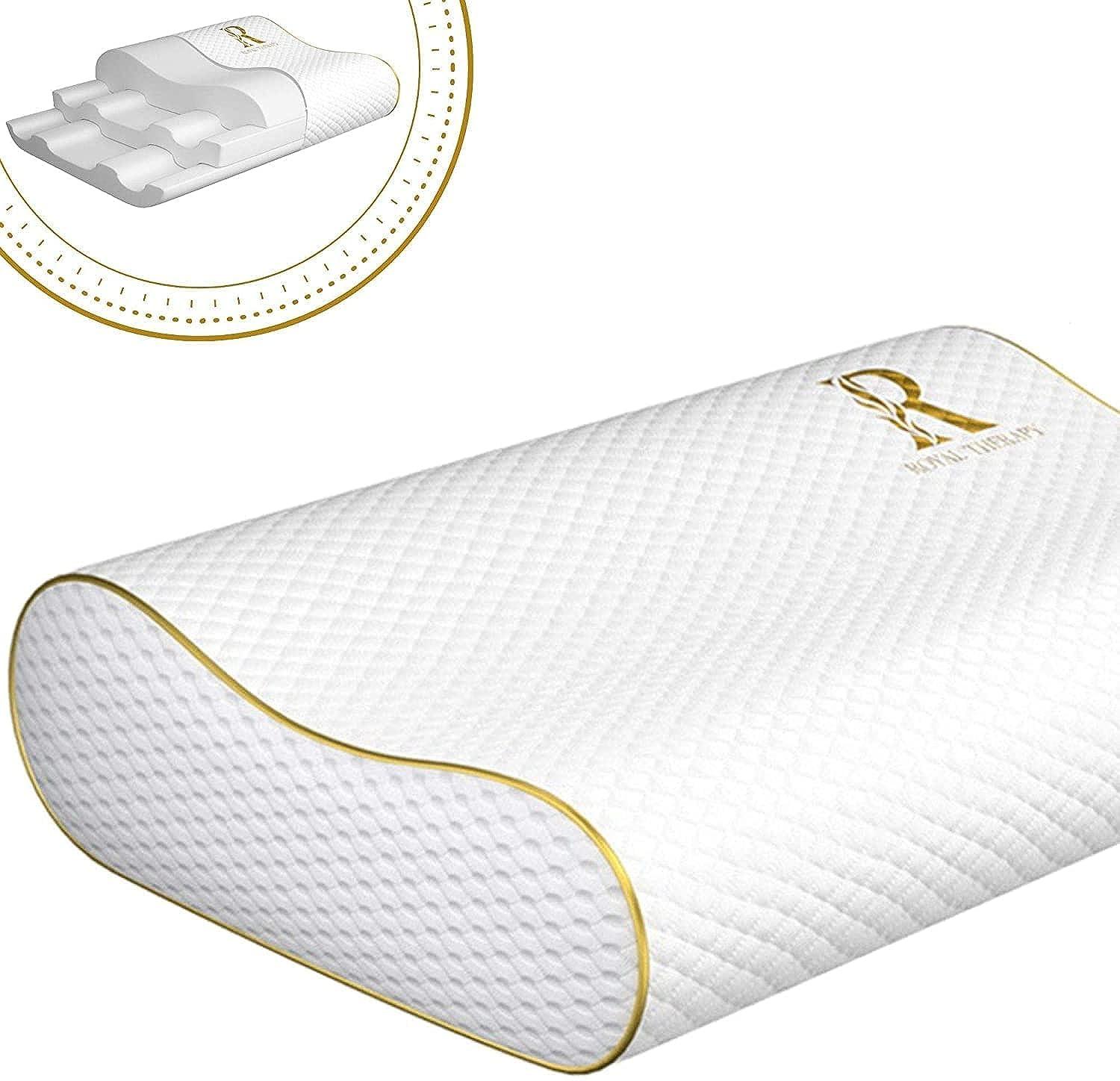 Royal Therapy Memory Foam Pillow, Queen Neck Pain Relief, Contour Cervical Pillow, for Neck and Shoulder Pain, Side, Back and Stomach Sleeper