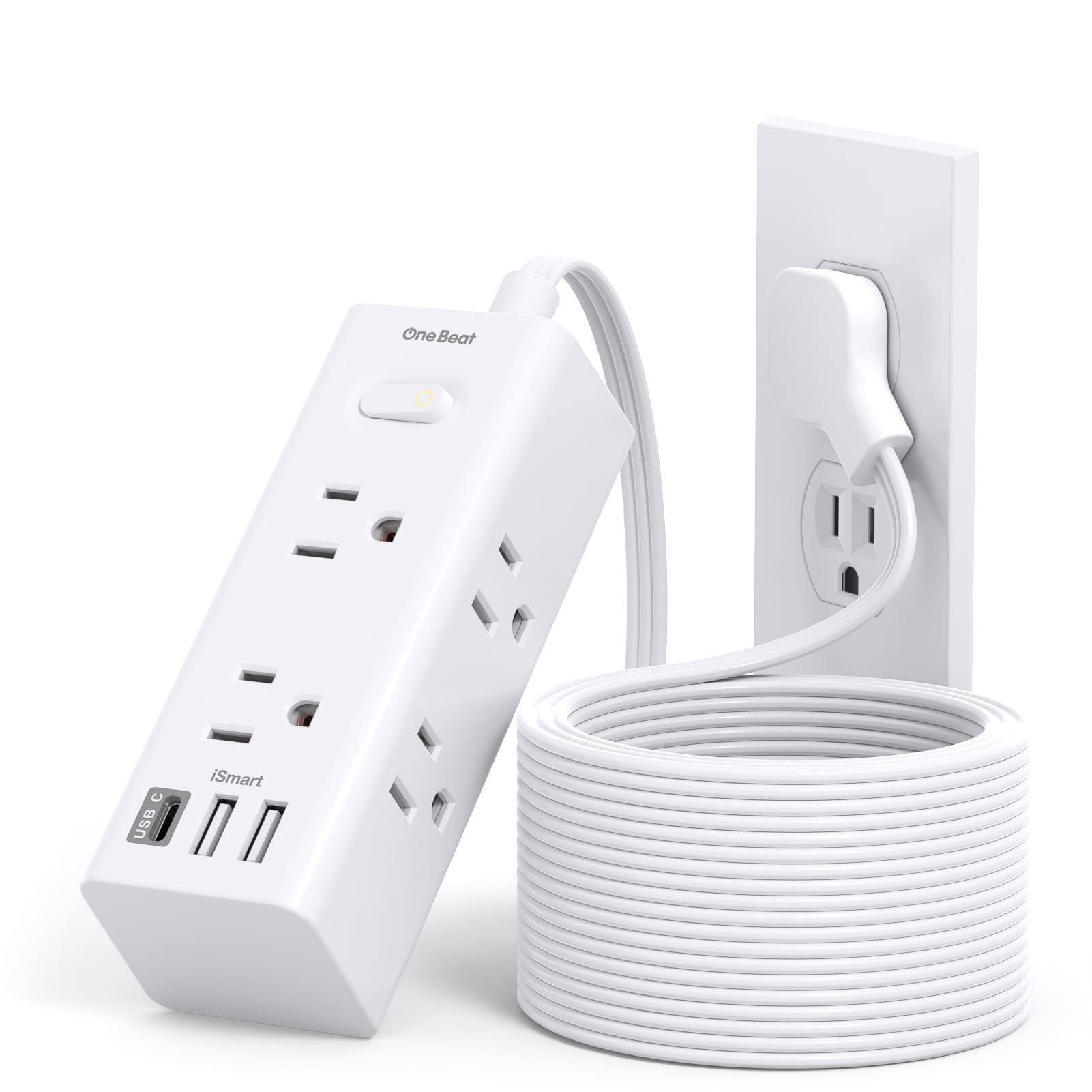 15Ft Extension Cord with Multiple Outlets, Flat Plug Power Strip Surge Protector with 15 Ft Long Cord, 6 Outlet 3 USB Ports (1 USB C), Multi Outlet Wall Plug for Travel, College, Dorm Room Essentials