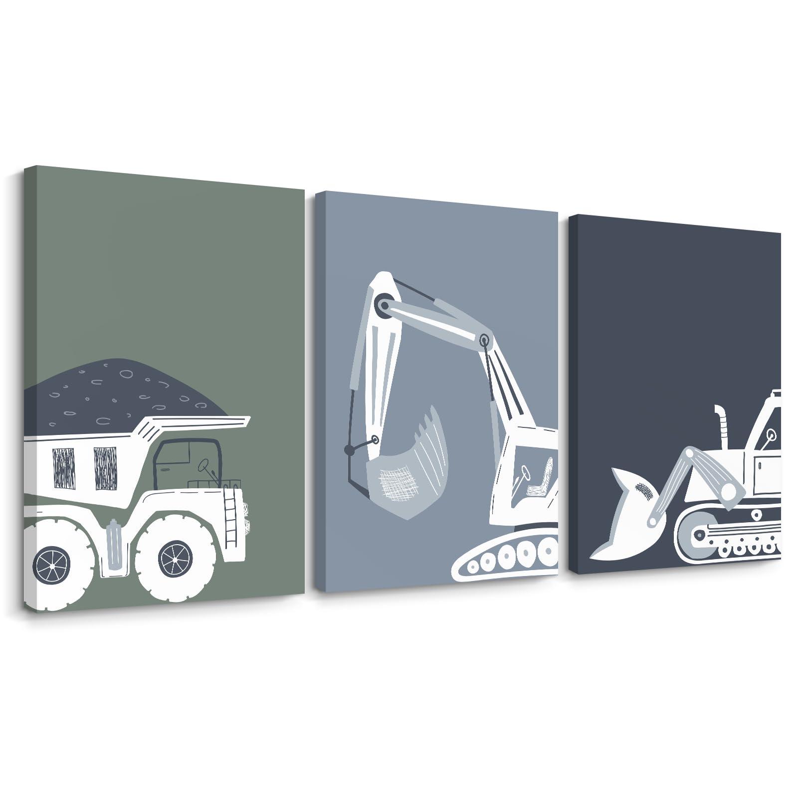 Construction Truck Wall Art Decor Toddler Boys Room Canvas Wall Art Tractor Vehicle Posters Dump Truck Wall Art Kids Bulldozer Pictures Nursery Prints for Boys Bedroom 12x16x3 Inch Wrapped Canvas